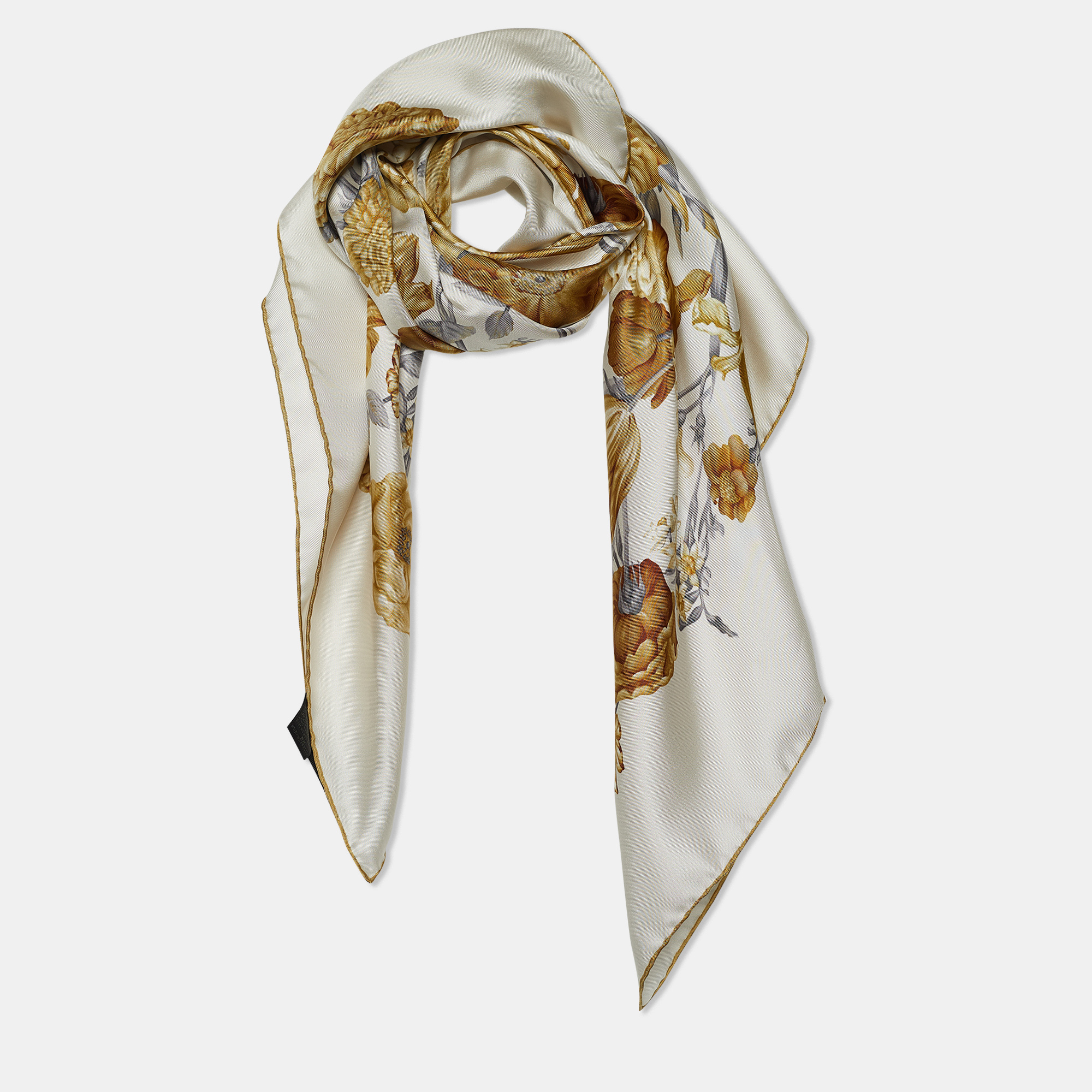 

Loewe Cream & Gold Floral Print Silk Scarf