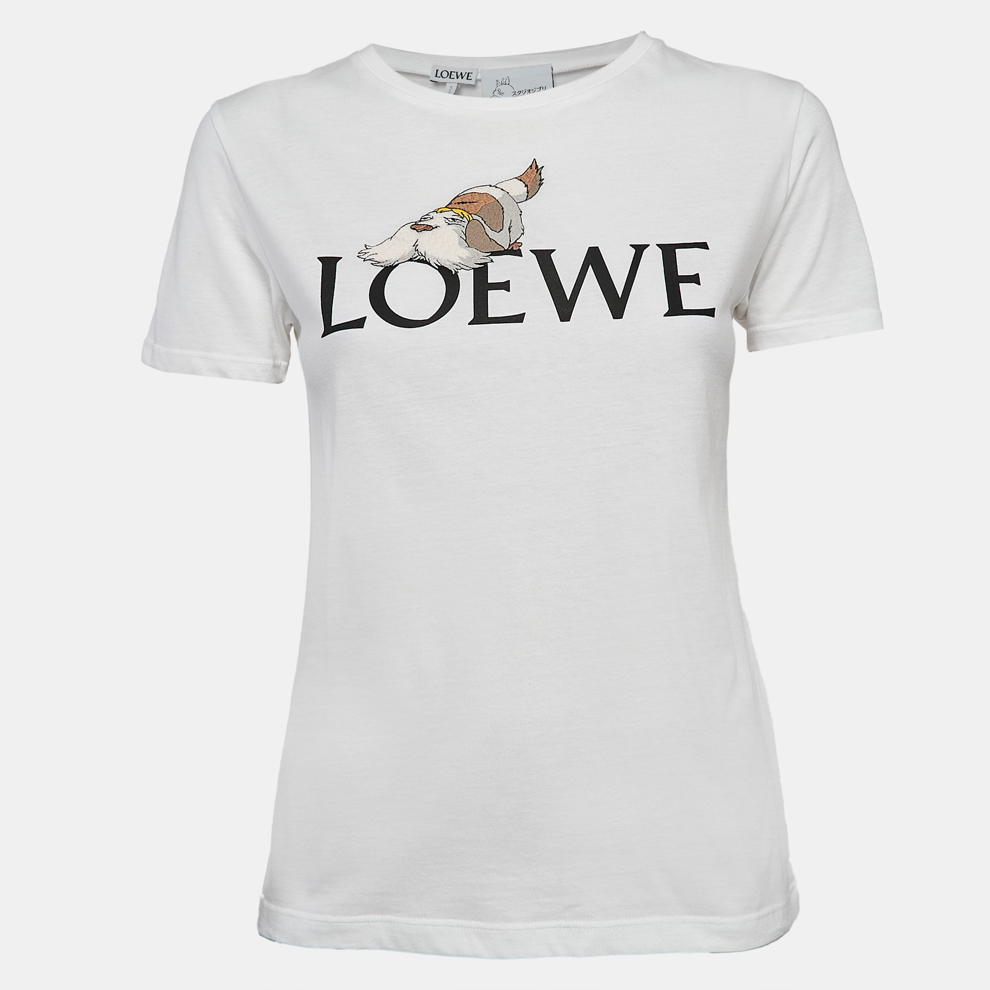 Pre-owned Loewe White Embroidered Cotton Knit Round Neck T-shirt S