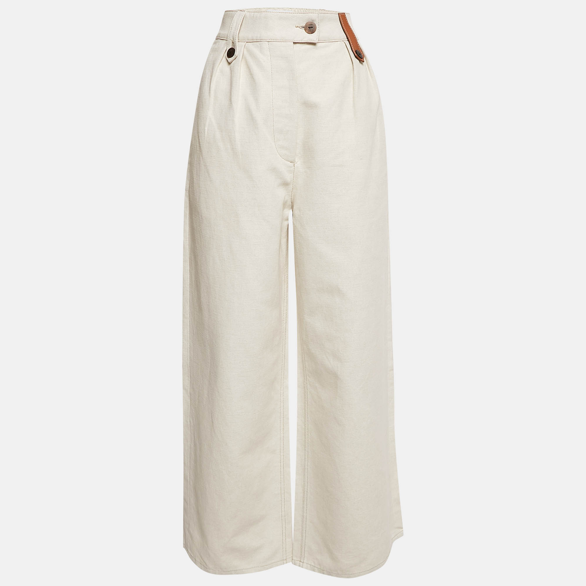 

Loewe Cream Cotton Blend Leather Trim Wide-Leg Trousers M