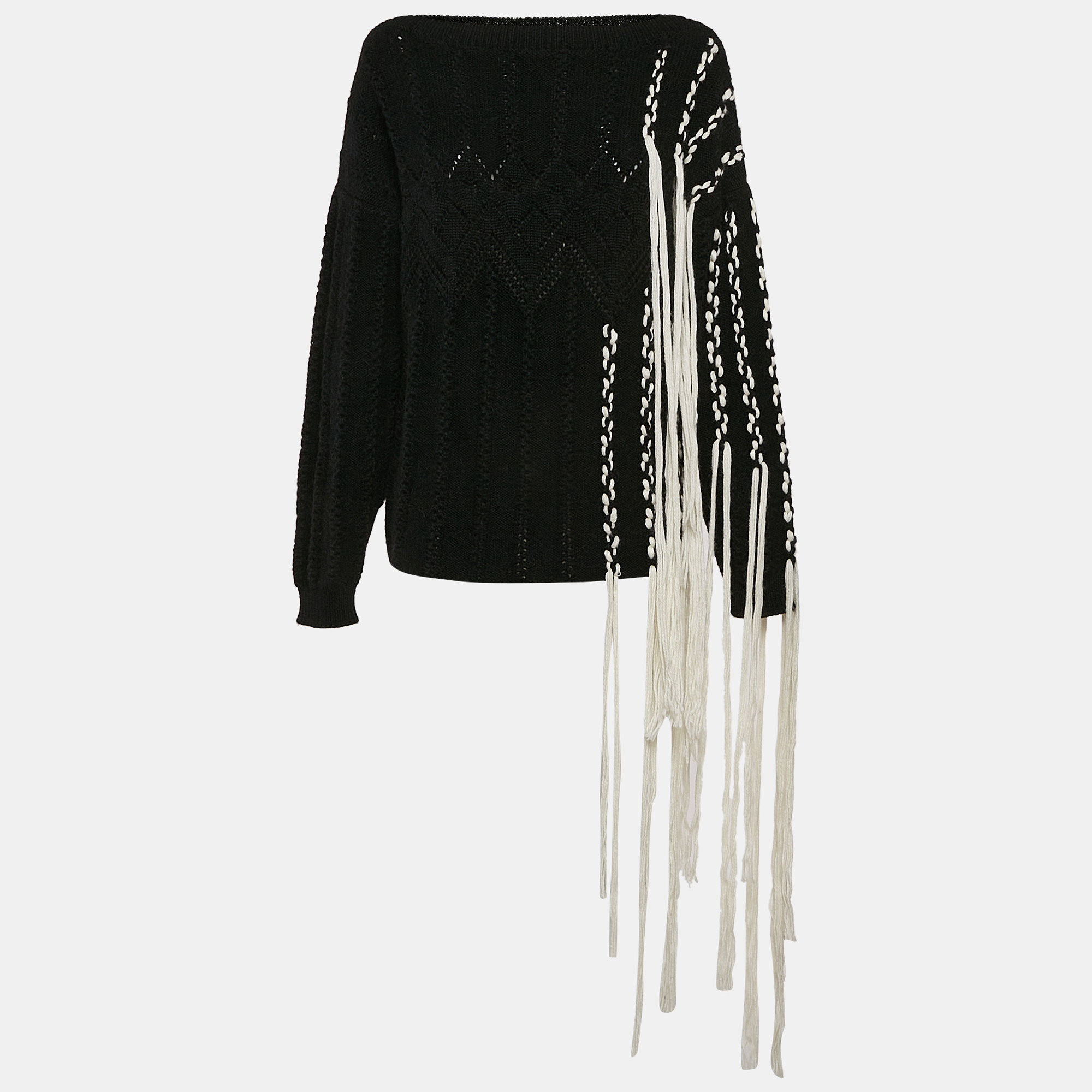 

Loewe Black Wool Cable Knit Fringed Sweater L