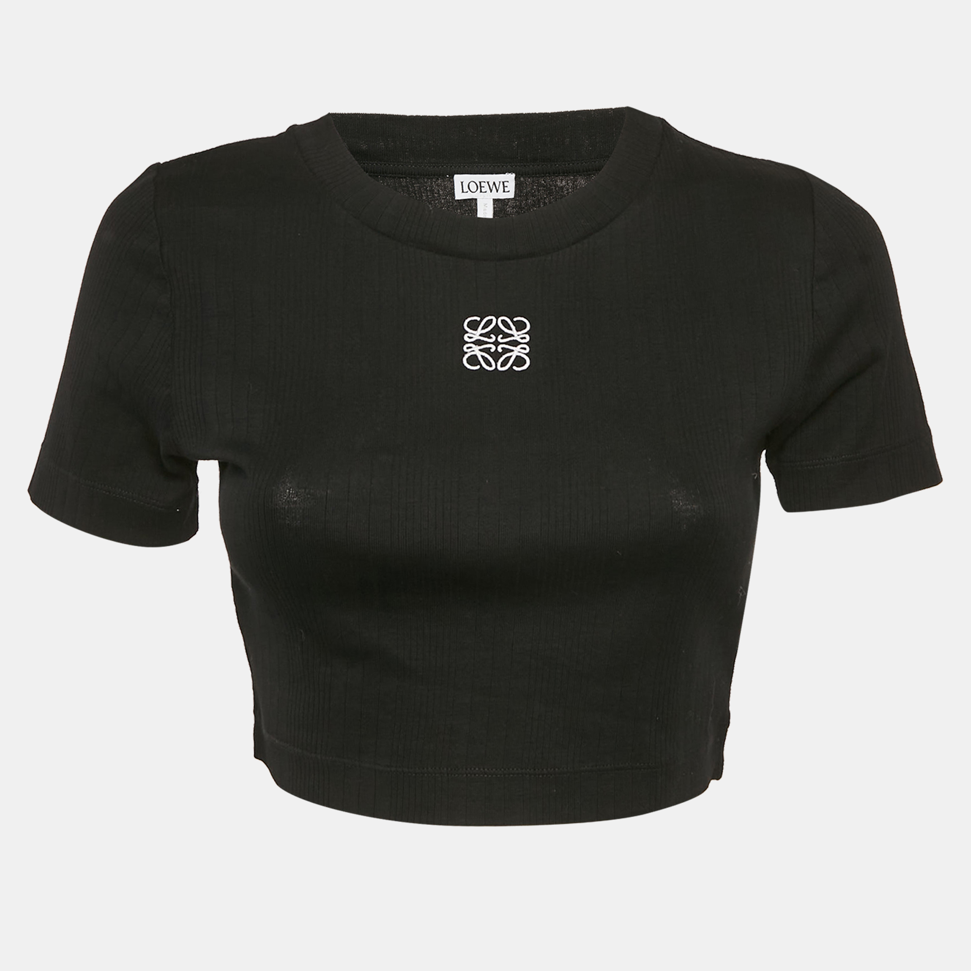 

Loewe Black Angaram Embroidered Rib Knit Fitted Crop Top L