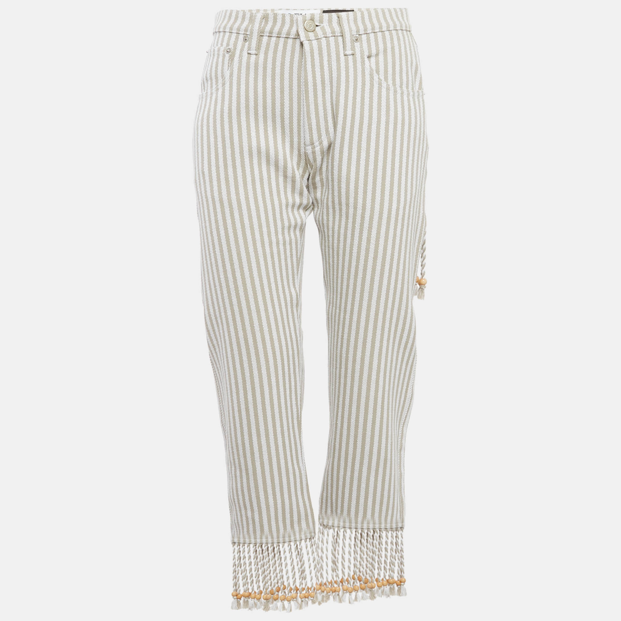 

Loewe Beige/White Striped Denim Fringed Jeans S Waist 28"