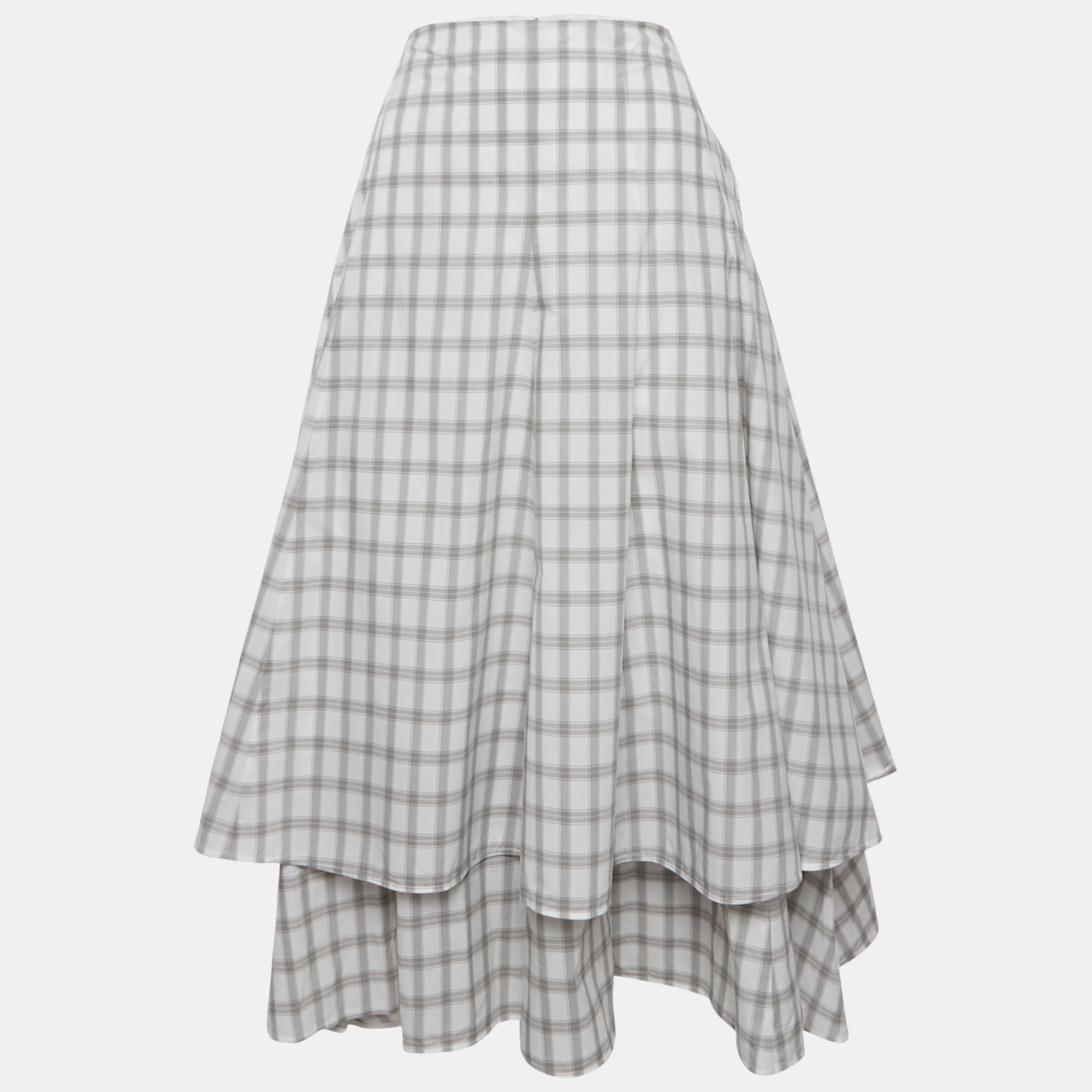 Pre-owned Loewe White /grey Checkered Print Cotton Tiered Midi Skirt S