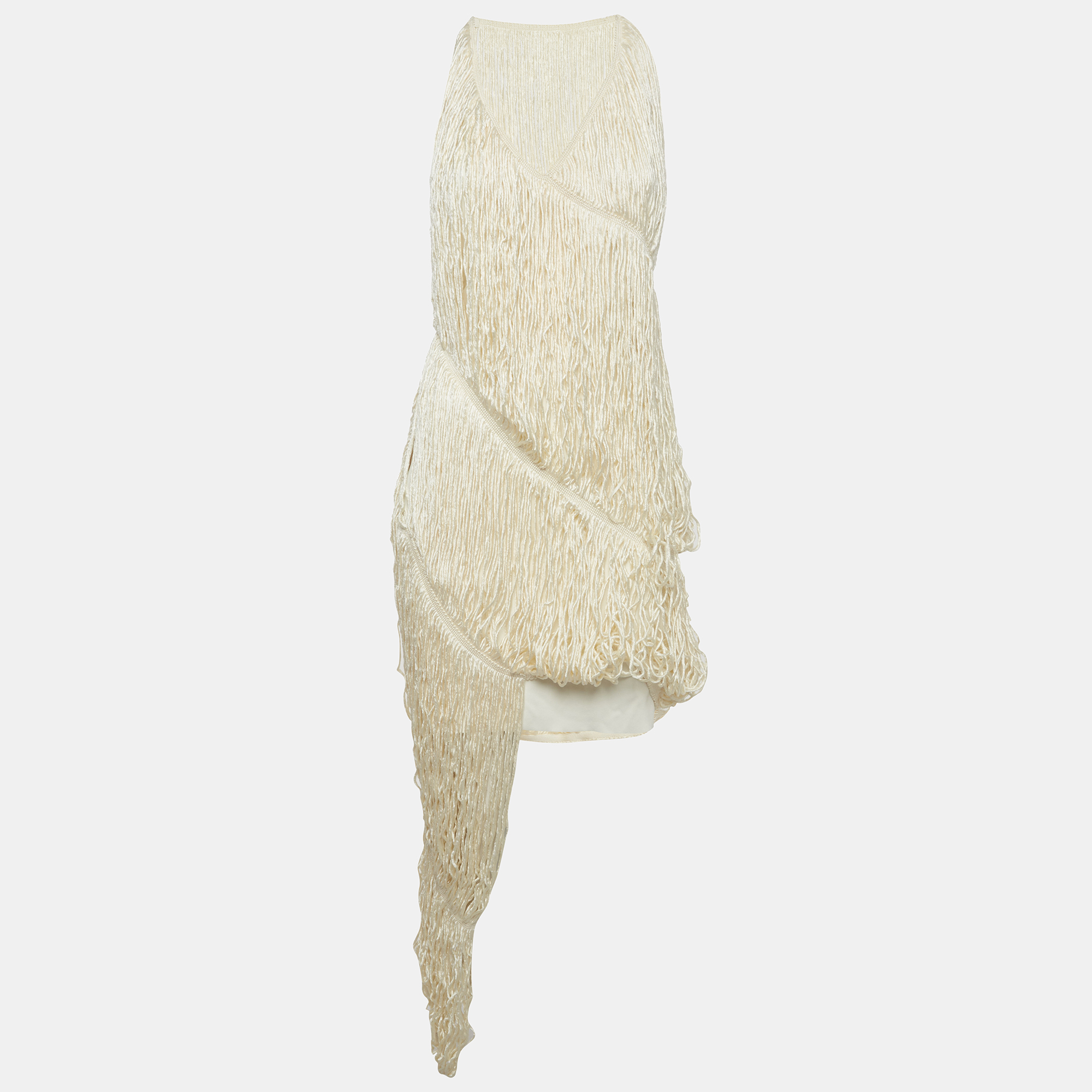 

Loewe Cream Silk Sleeveless Asymmetric Fringe Dress S