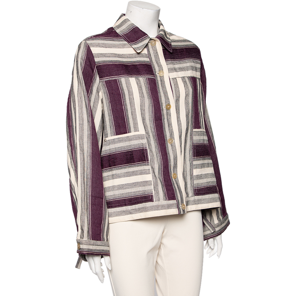 

Loewe Cream & Purple Striped Linen Asymmetric Hem Detailed Jacket, Multicolor