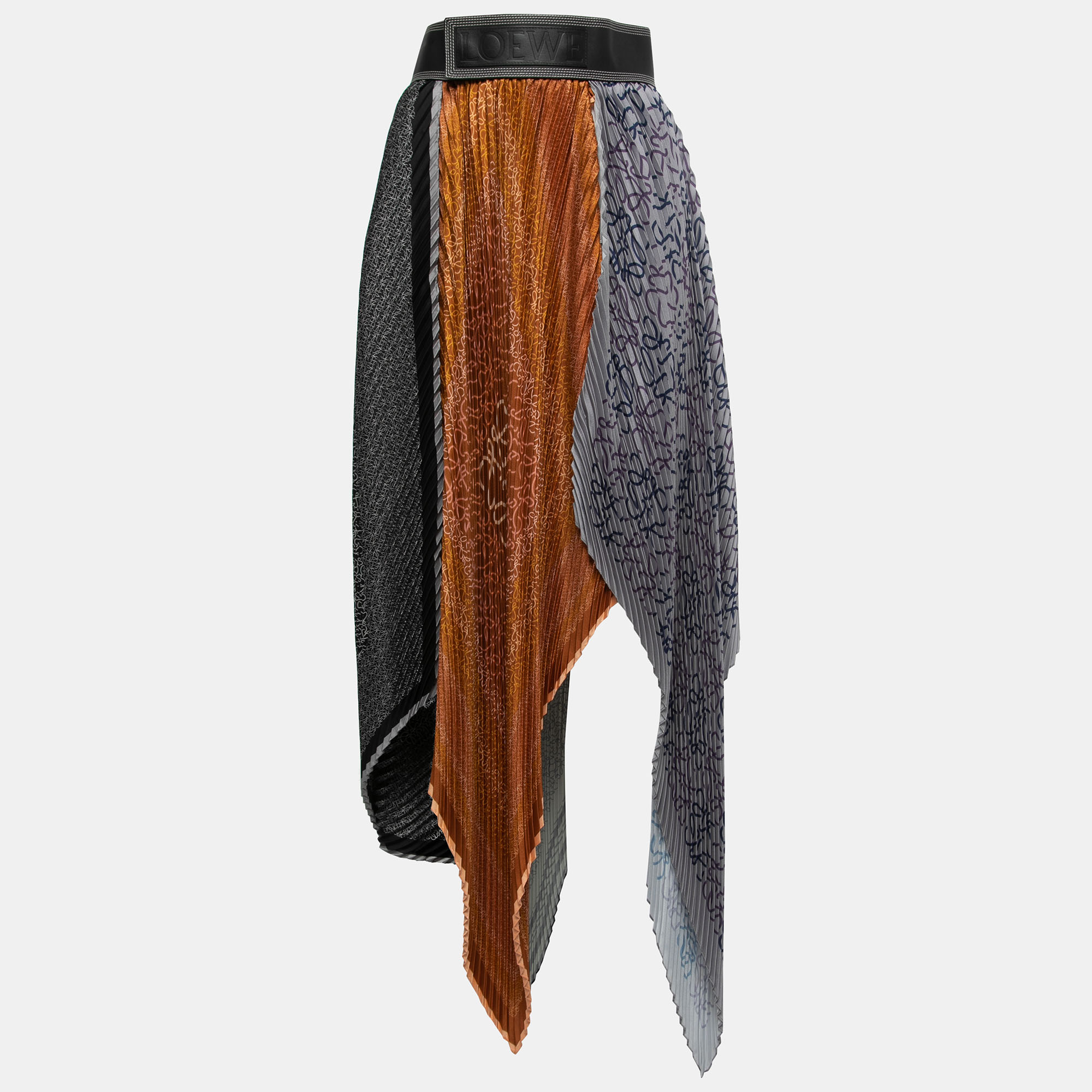 Pre Owned Loewe Multicolor Satin-Silk Anagram Pleated Asymmetrical Skirt M