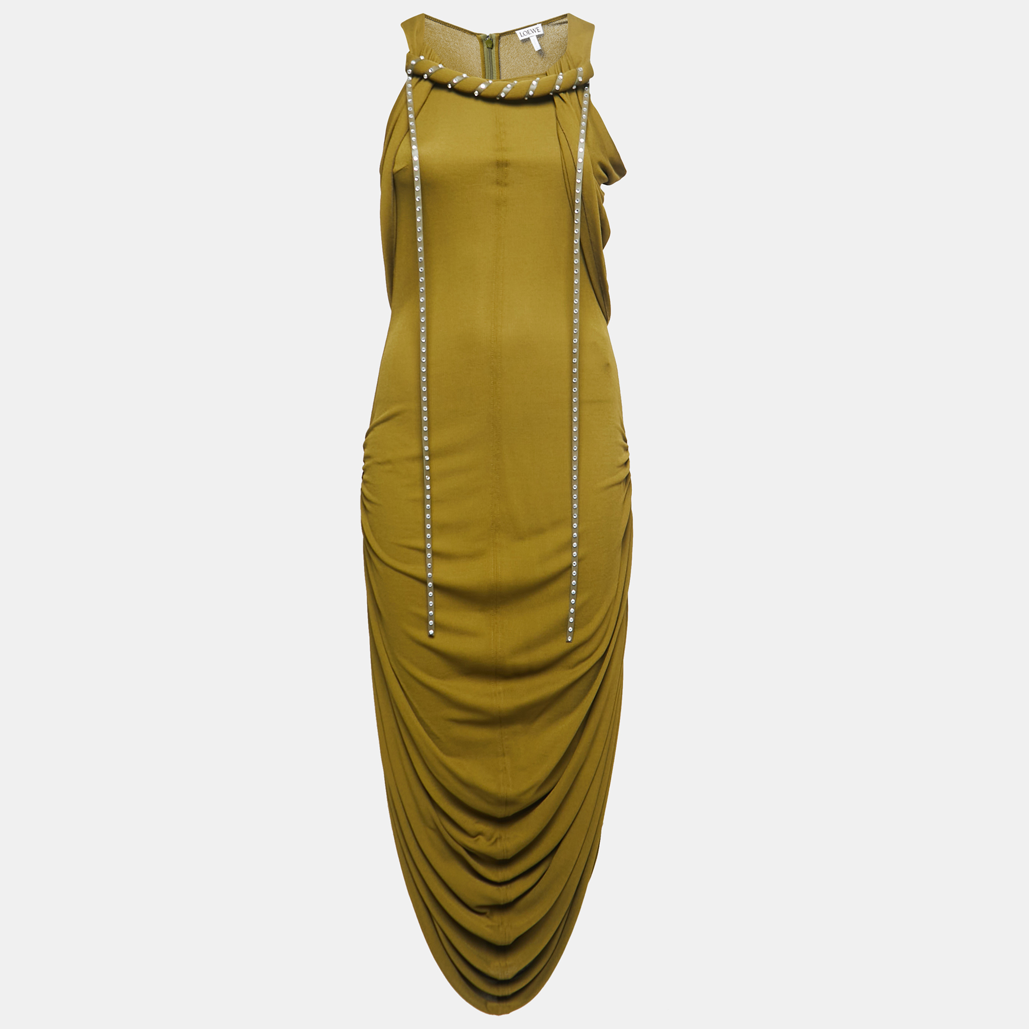 Pre Owned Loewe Green Jersey Draped Embellished Dress S
