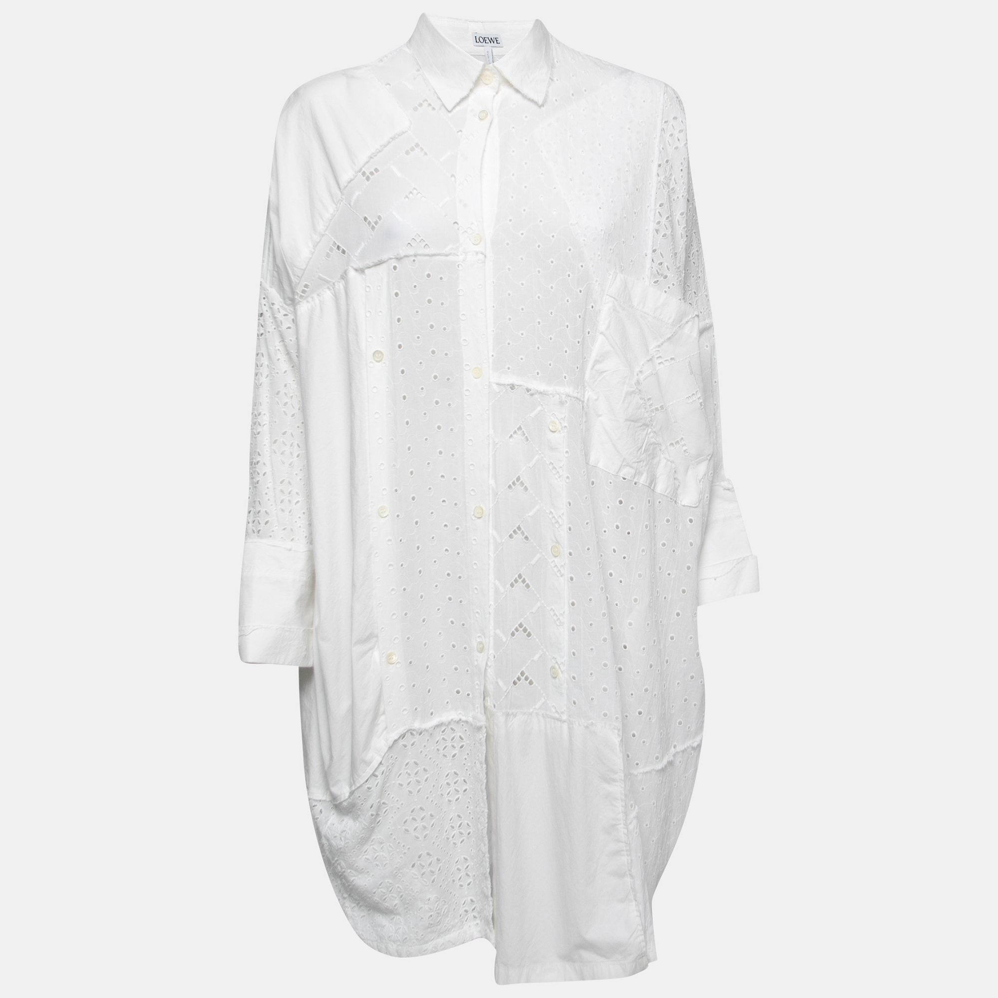 Pre-owned Loewe White Eyelet Cotton Shirt Effect Dress Xs