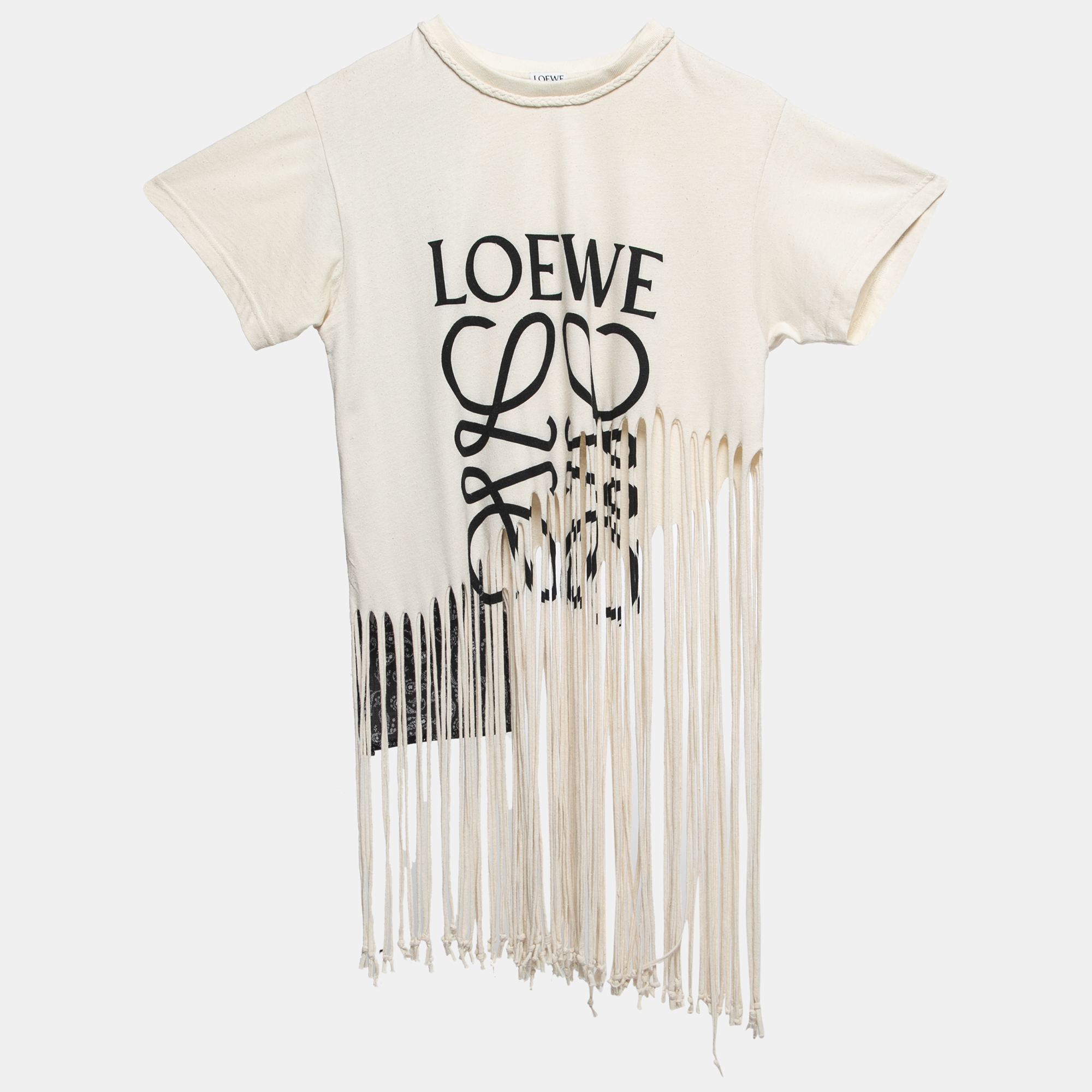 Pre-owned Loewe Cream Logo Print Jersey Fringed T-shirt M