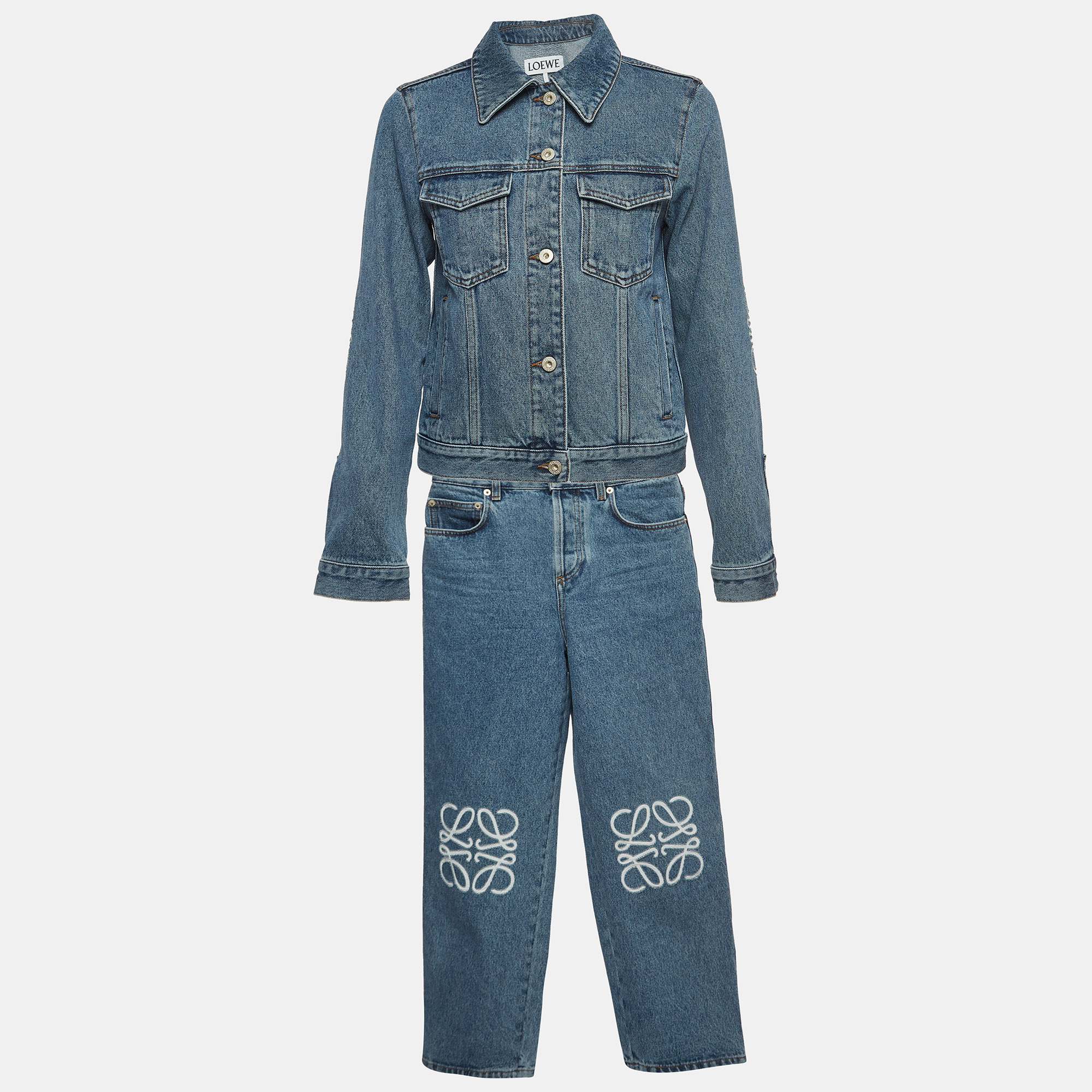 Pre Owned Loewe Blue Anagram Embossed Denim Jacket and Jeans Set S Waist 26''
