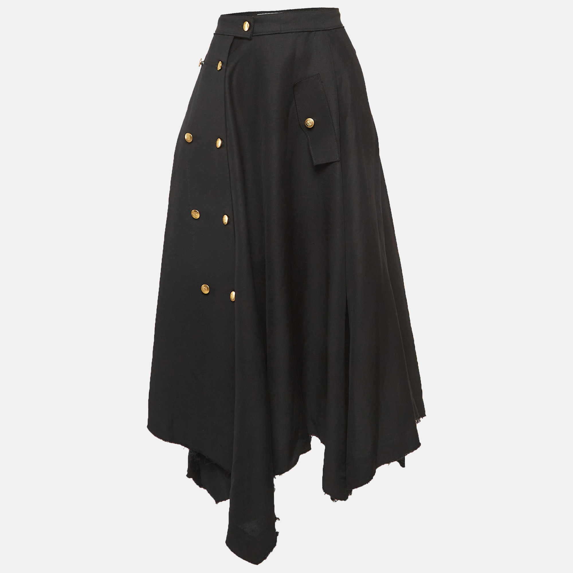 

Loewe Black Raw Edge Linen Blend Button Detail Asymmetric Midi Skirt