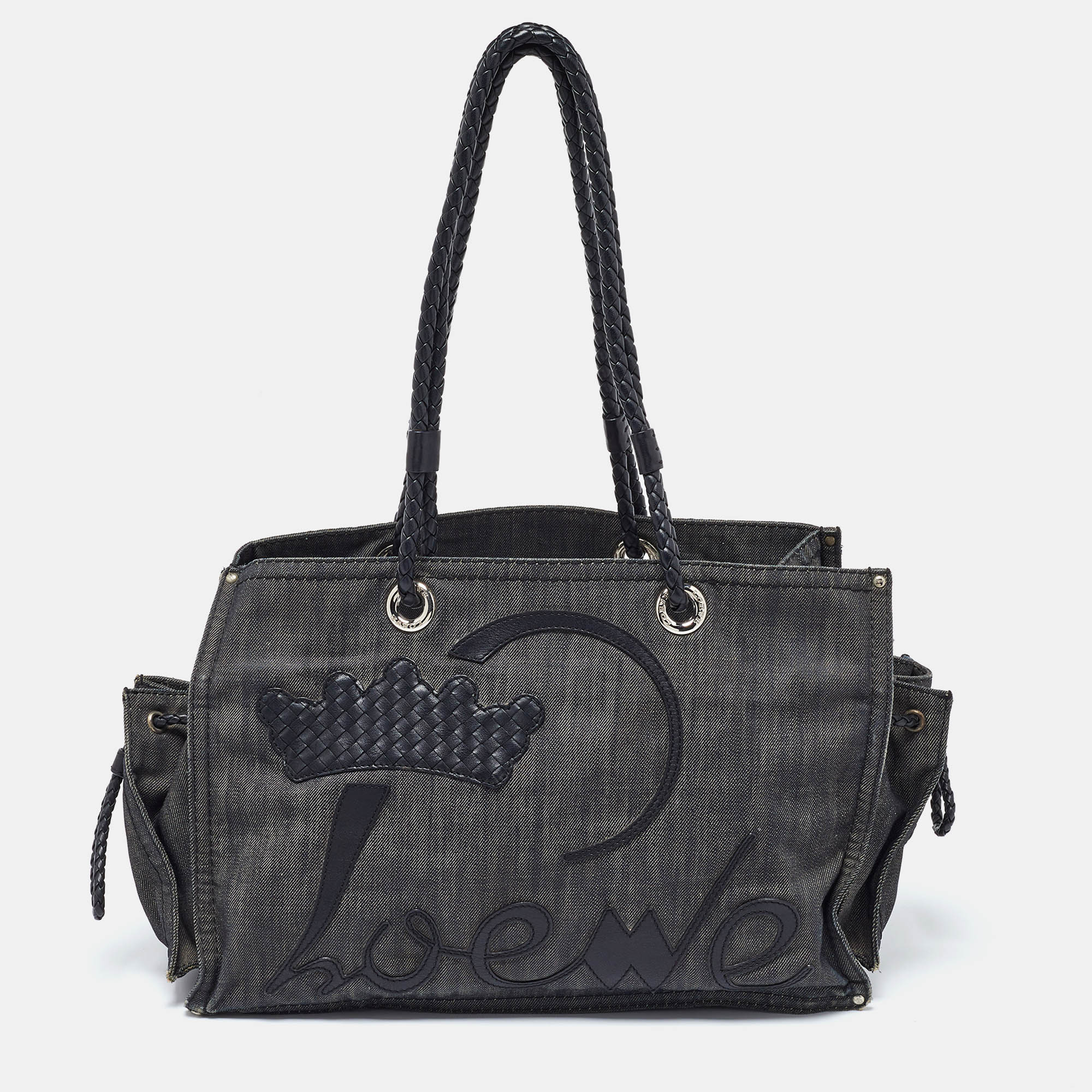 

Loewe Black Denim and Leather Logo Shopper Tote