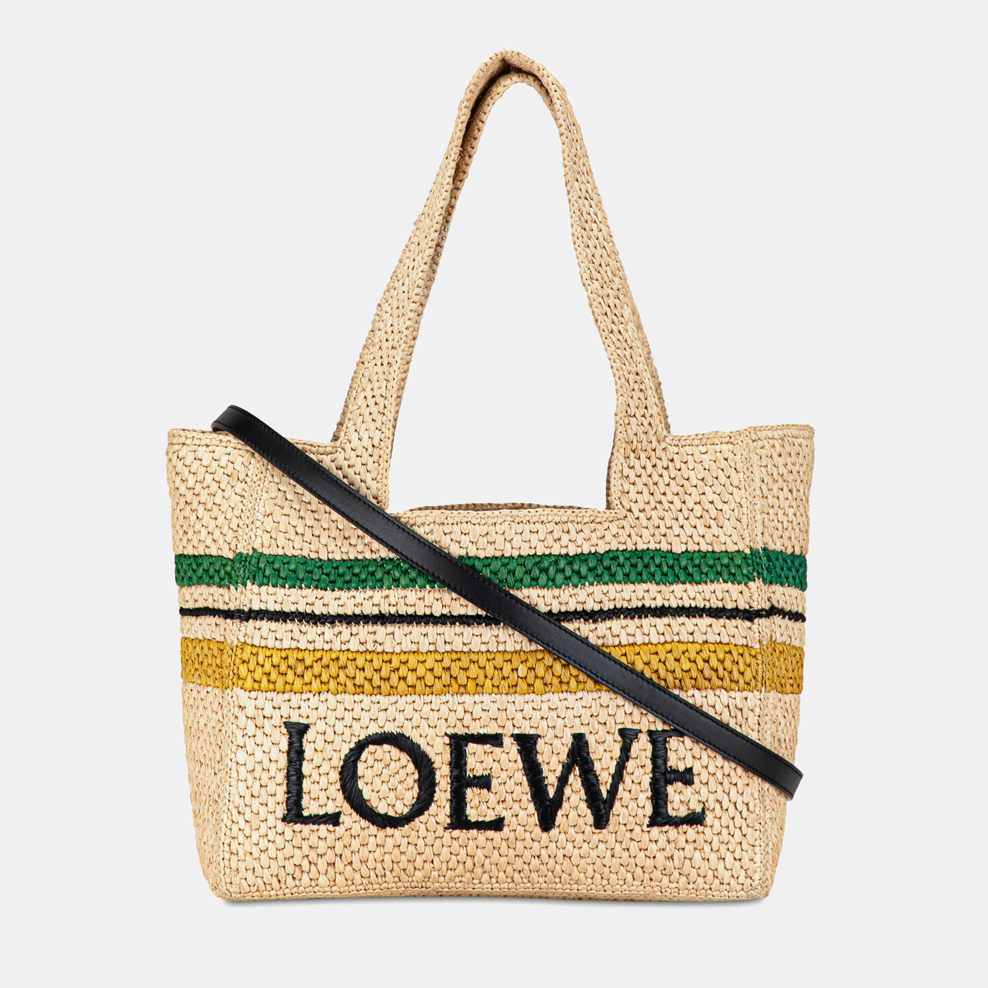 Pre-owned Loewe Beige/brown Raffia Paula's Ibiza Medium Striped Font Tote Bag