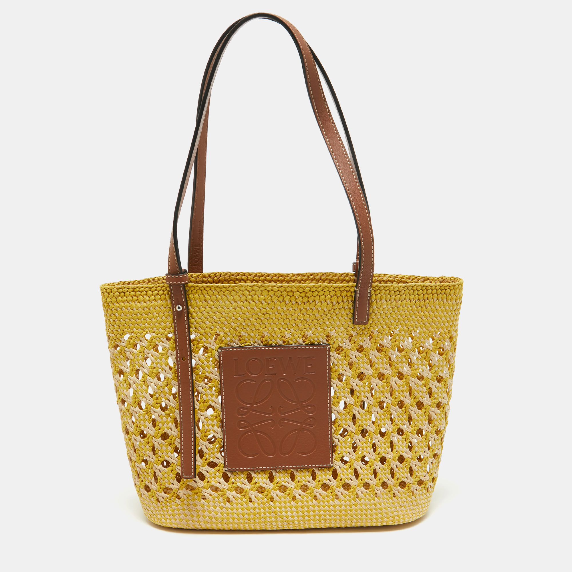 

Loewe Tri Color Woven Raffia and Leather Basket Tote, Beige