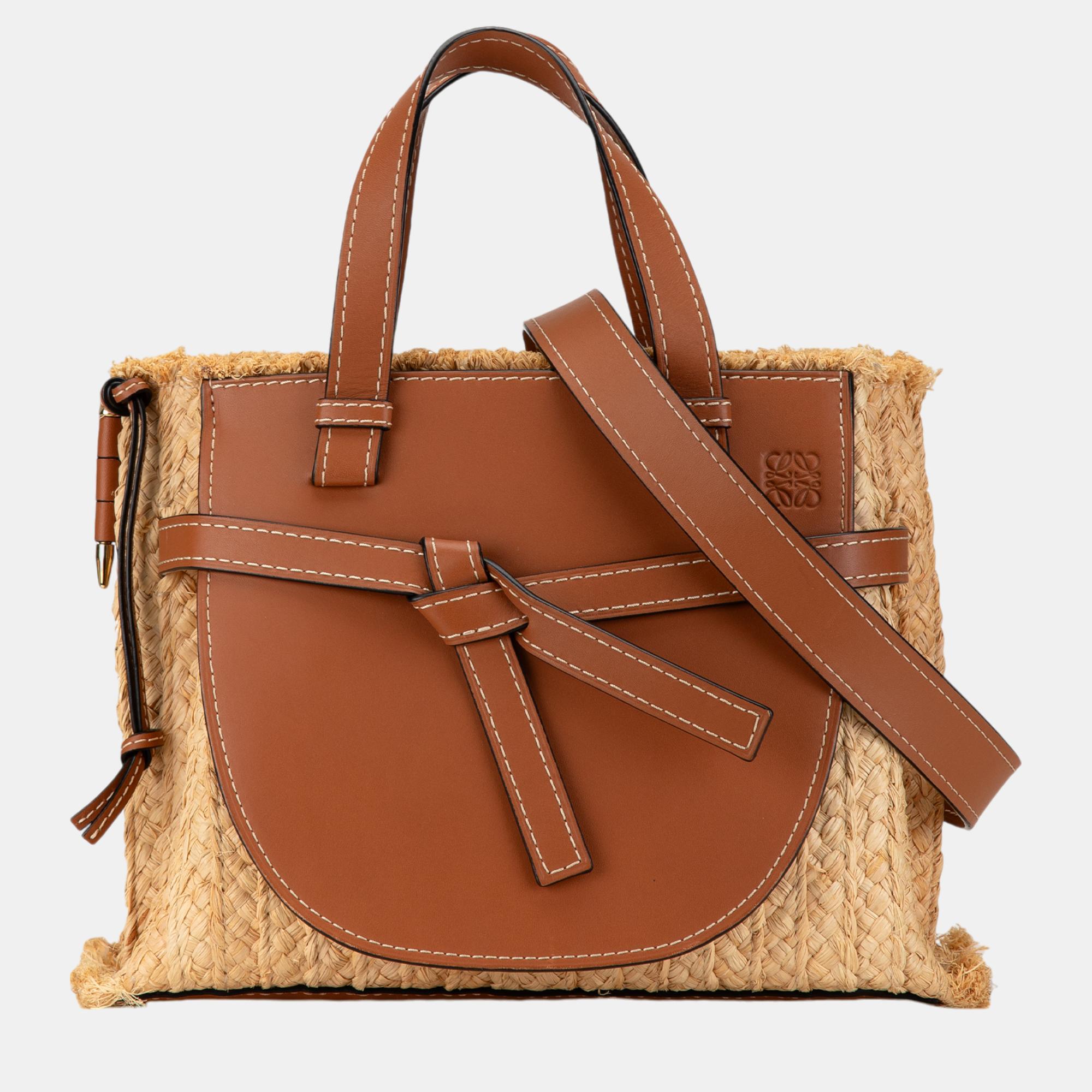 

Loewe Beige/Brown Small Raffia and Leather Gate Top Handle Bag