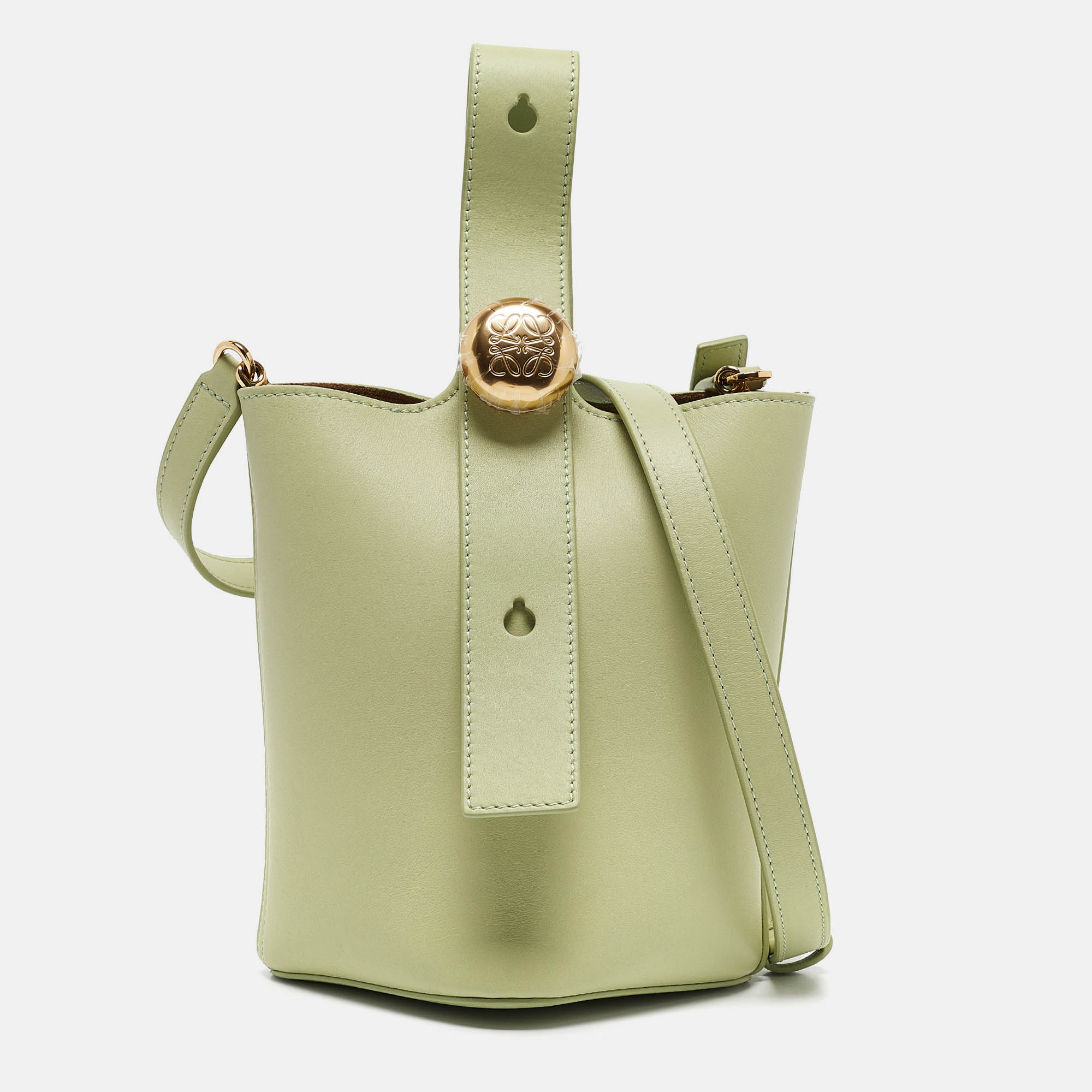 

Loewe Light Green Leather Mini Pebble Bucket Bag