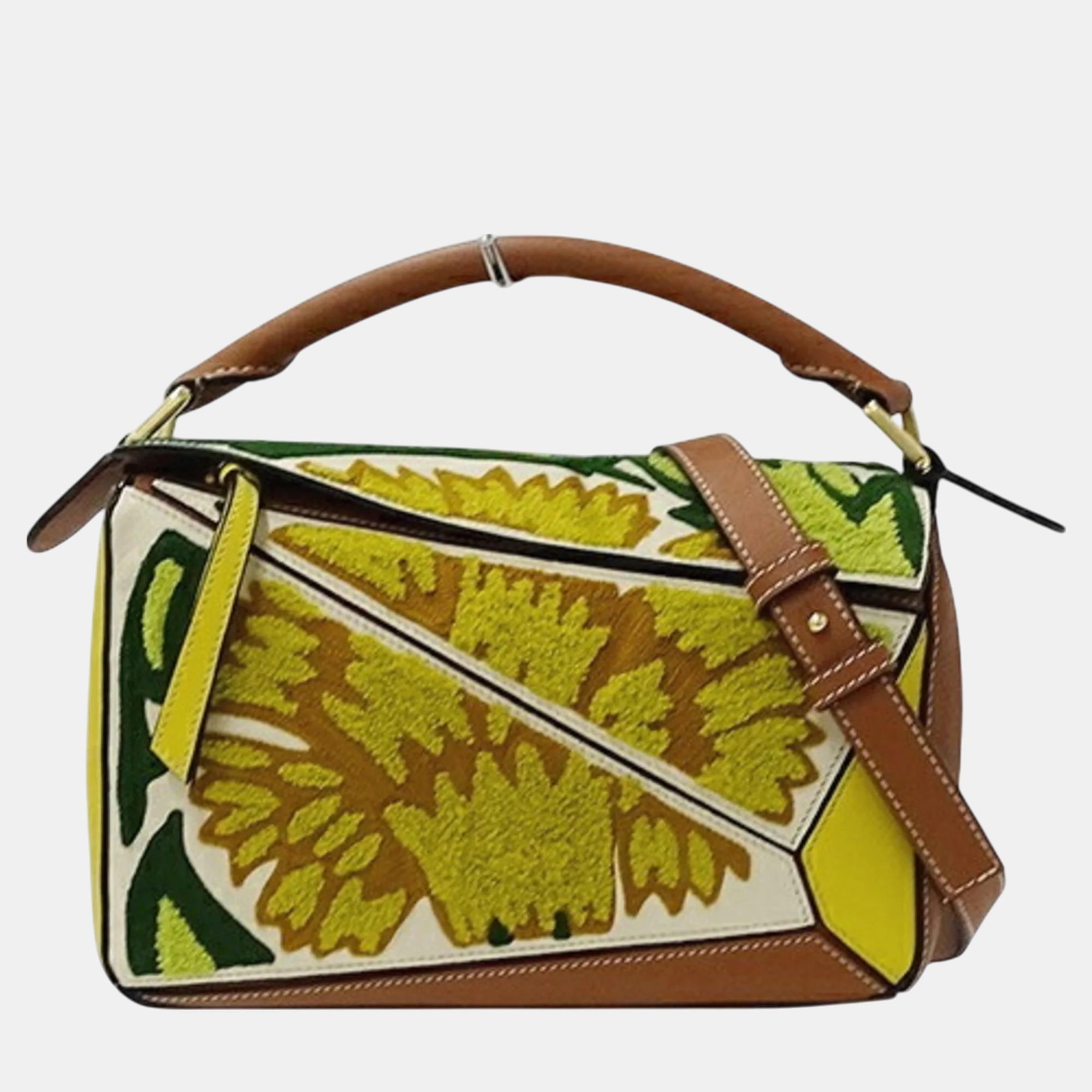 

Loewe Floral Leather Brown Yellow Embroidery Compact Puzzle Small Mini bag, Multicolor