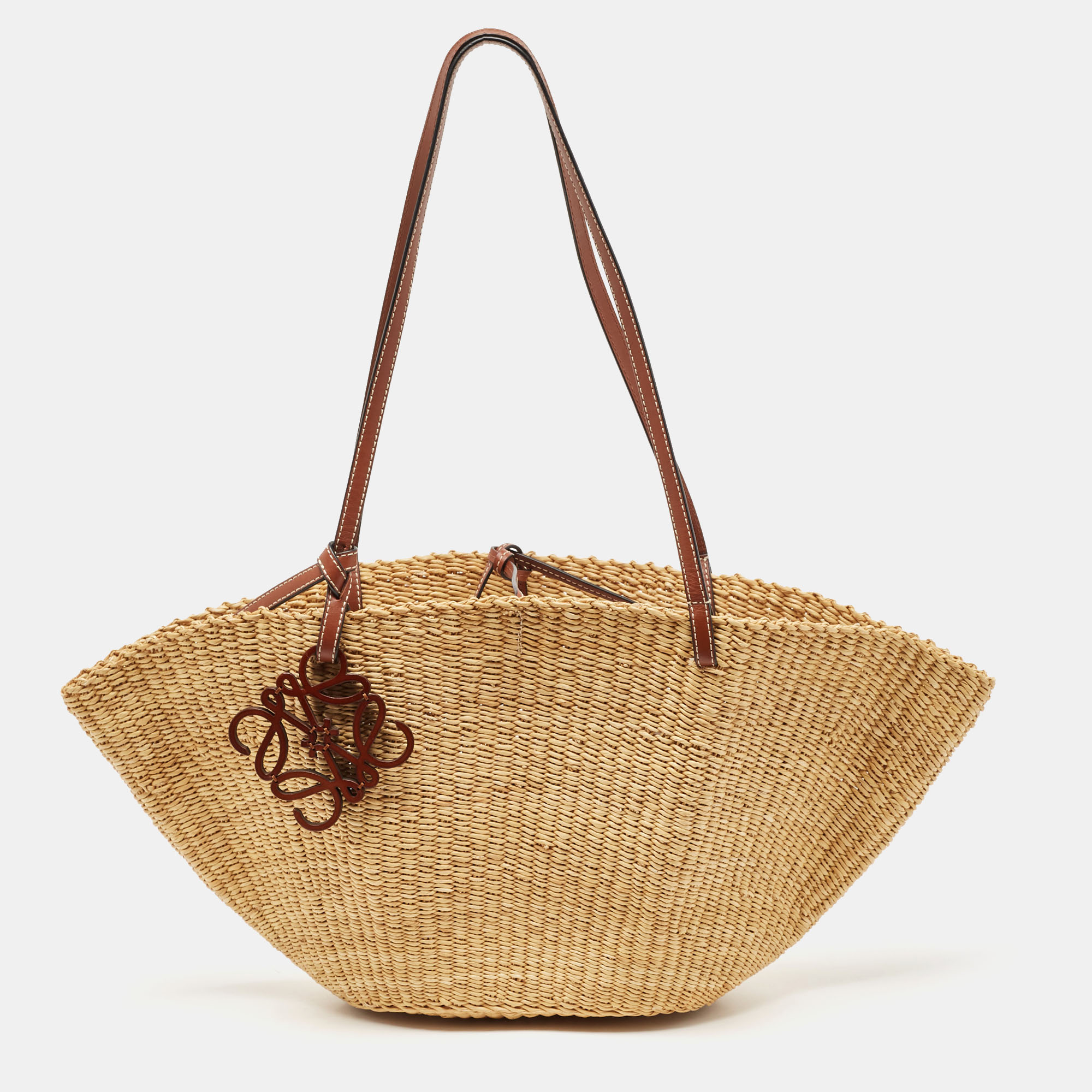 

Loewe Brown/Tan Woven Raffia Small Shell Basket Bag