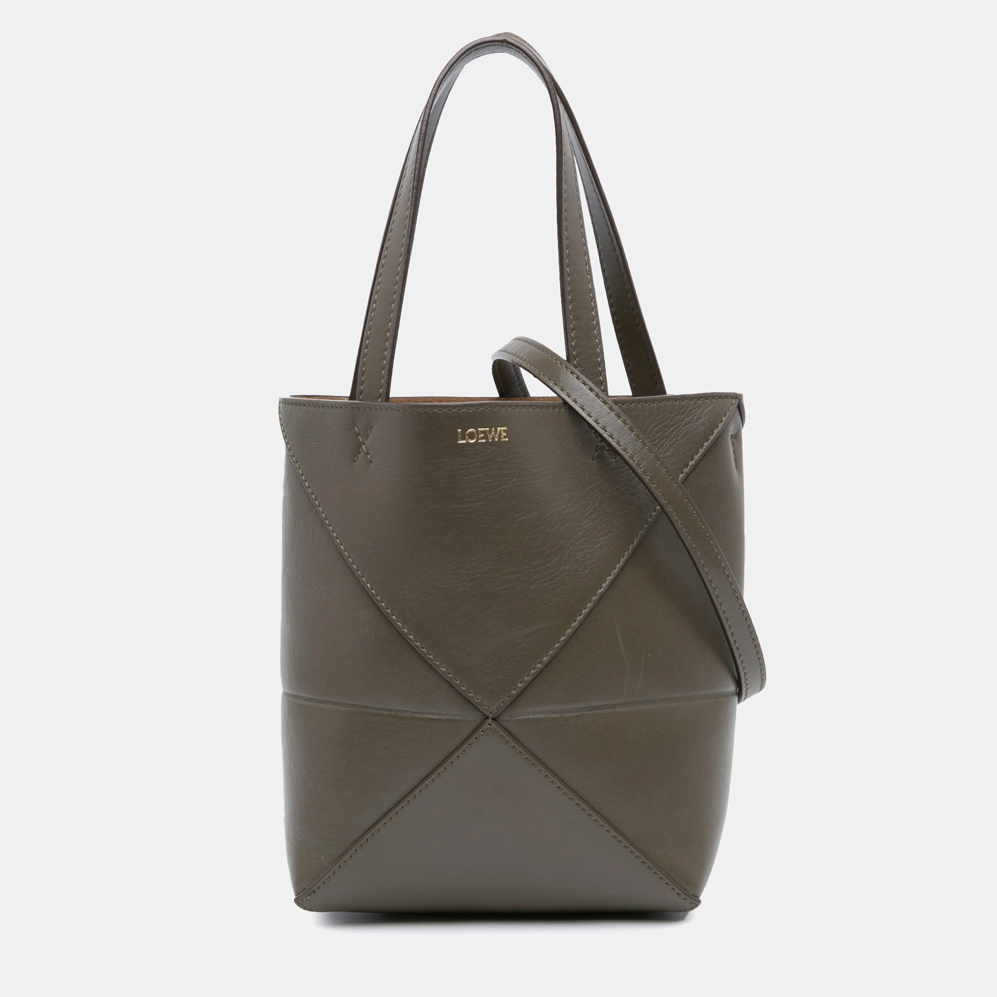 

Loewe Dark Khaki Leather Mini Puzzle Fold Tote Bag, Brown