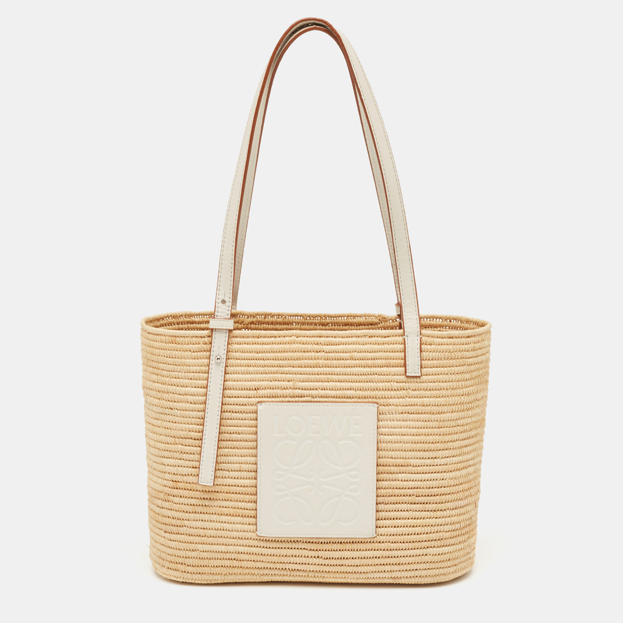 

Loewe Beige/White Leather and Raffia Small Square Basket Tote