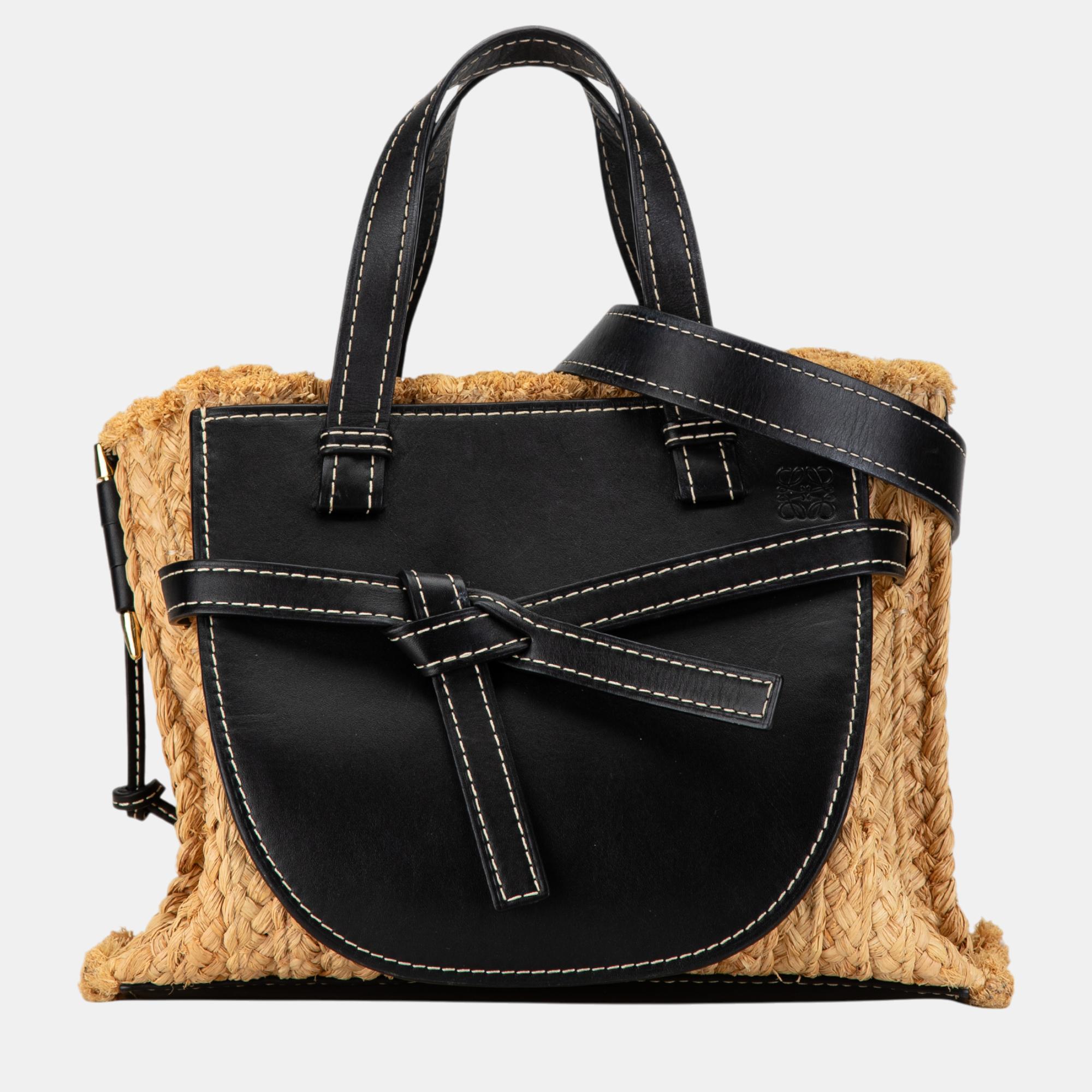 

Loewe Beige/Black Small Raffia and Leather Gate Top Handle Bag