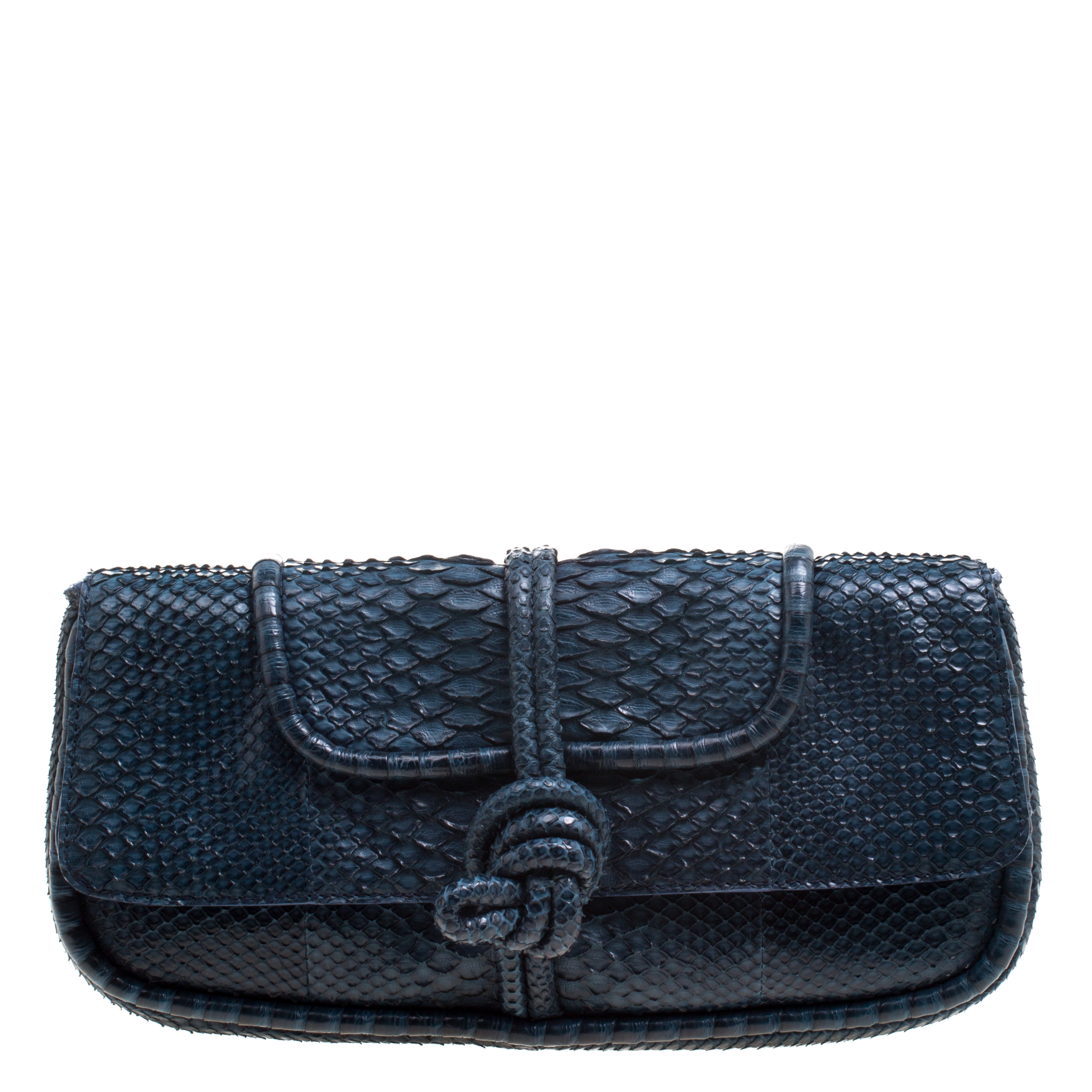 Pre Owned Loewe Navy Blue Python Folded Clutch