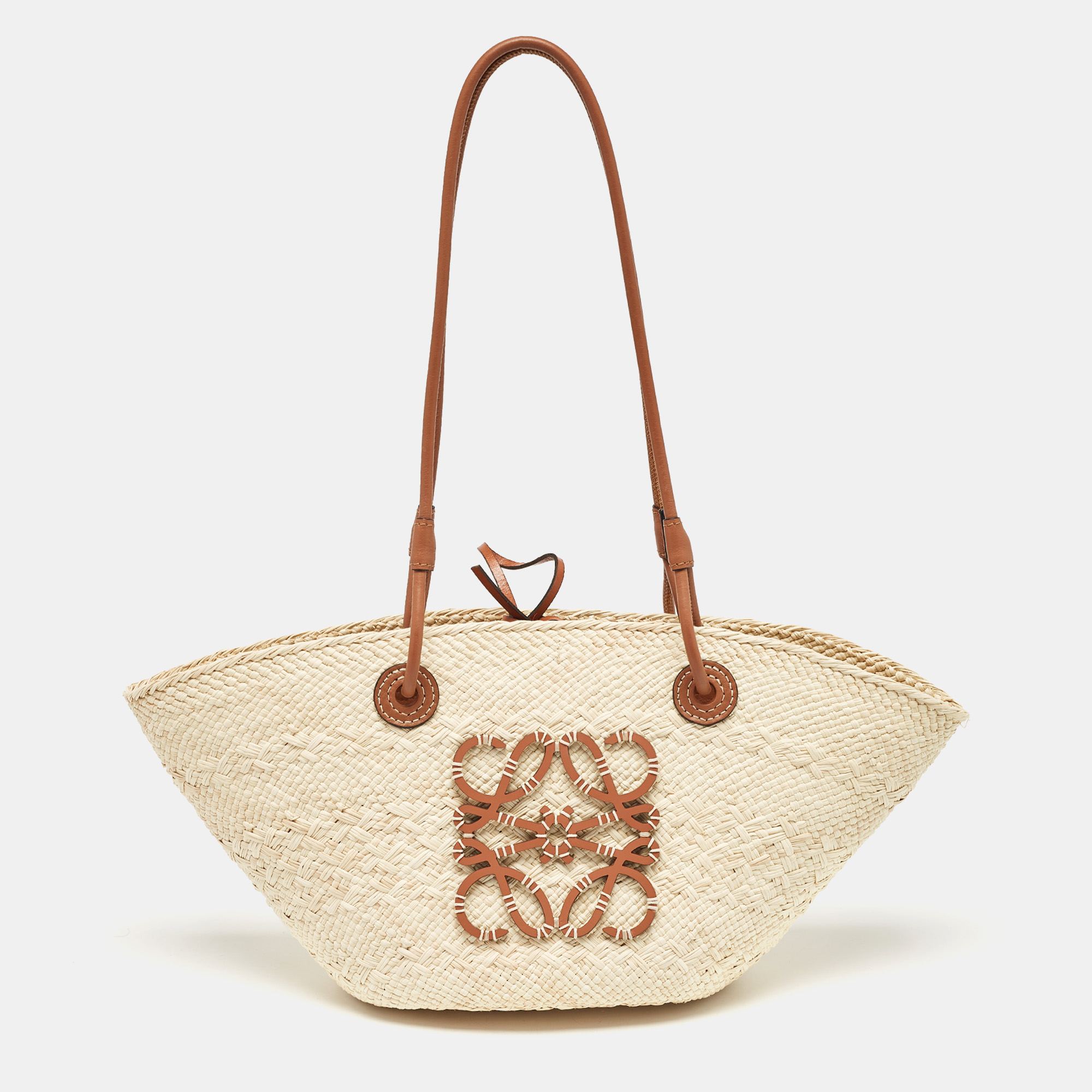 

Loewe Cream/Brown Woven Raffi and Leather Small Anagram Basket Bag, Beige