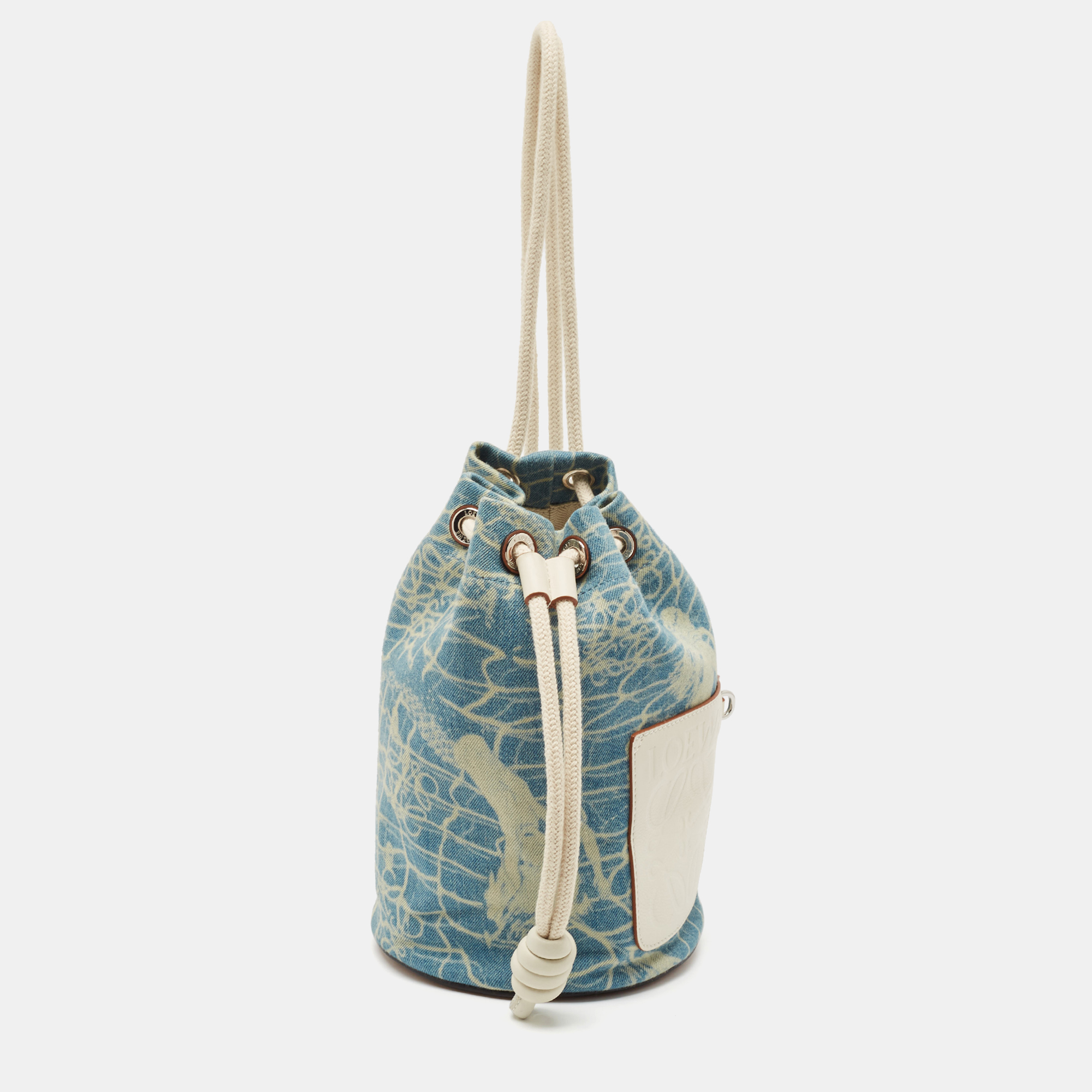 

Loewe Blue/White Washed Denim and Leather Mini Sailor Mermaid Drawstring Bag