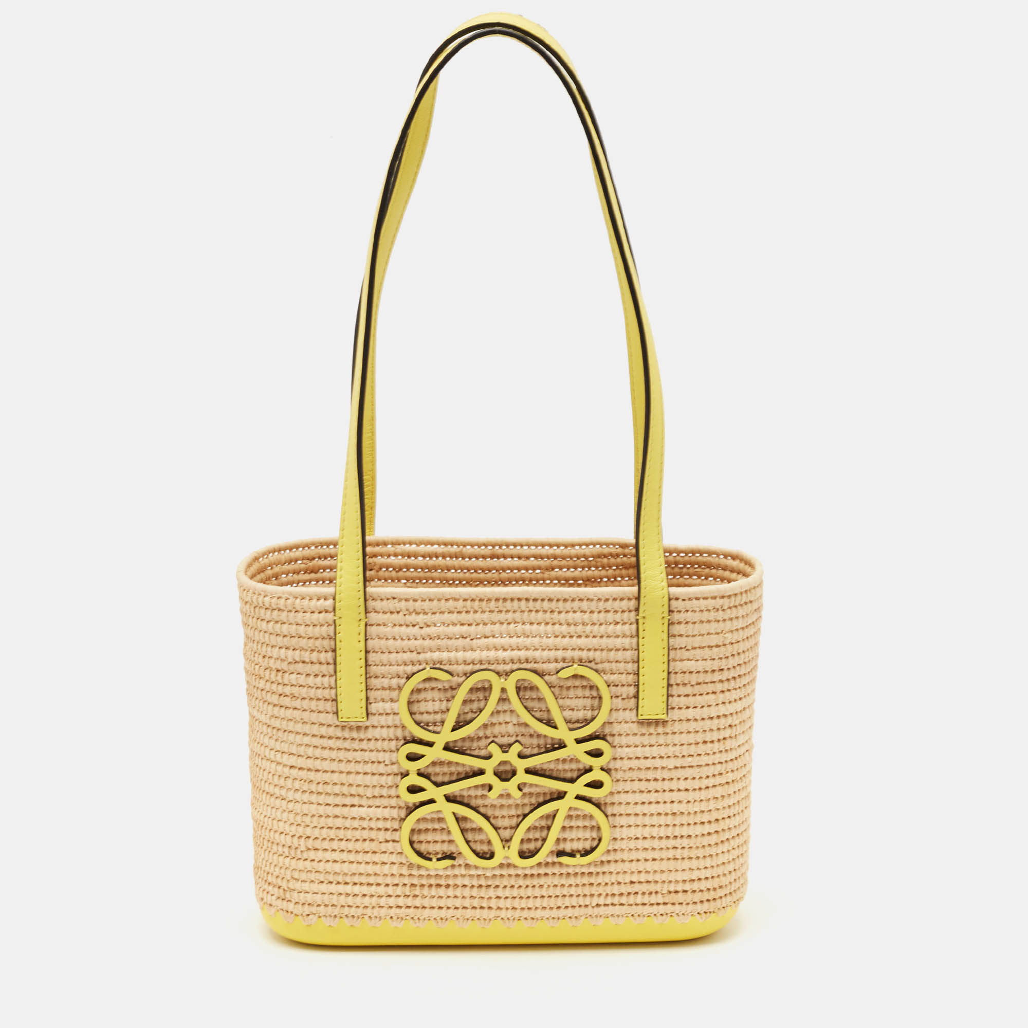 

Loewe Yellow/Beige Leather and Raffia Mini Anagram Basket Tote