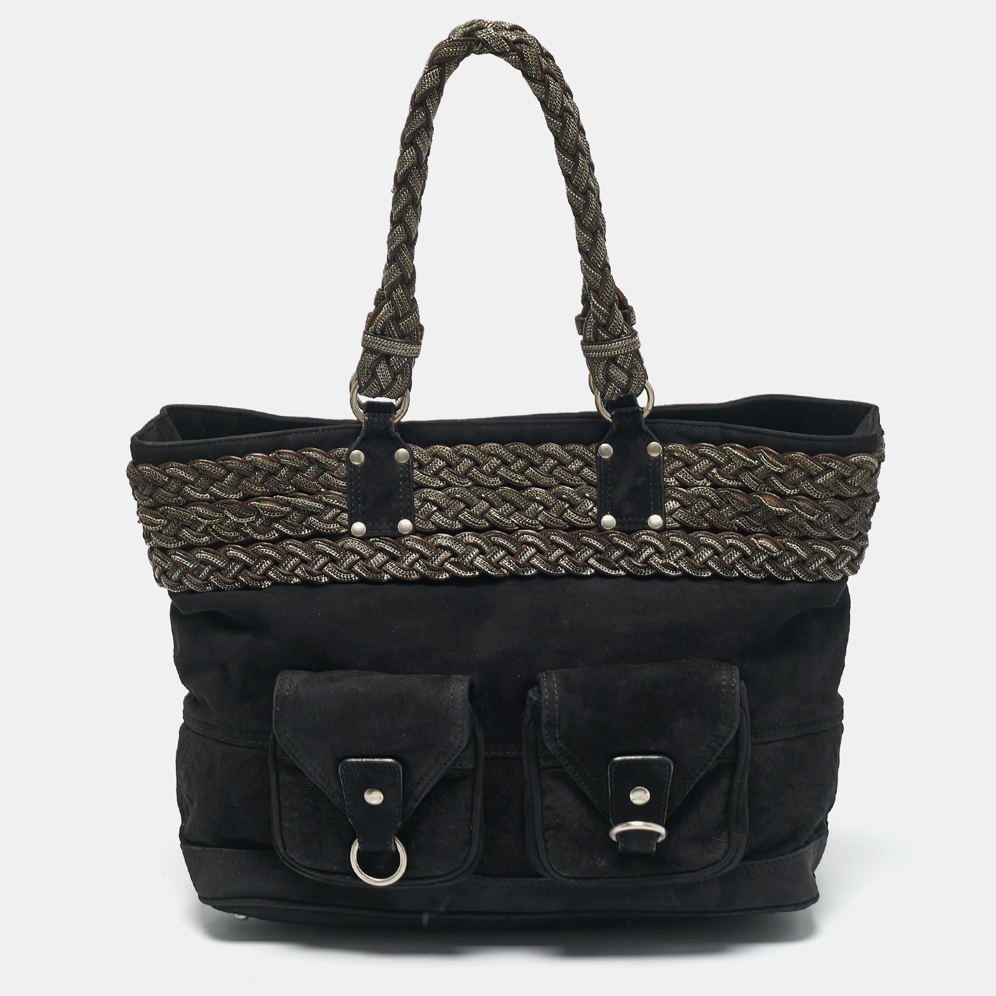 

Loewe Black Suede Braided Chain Pocket Tote