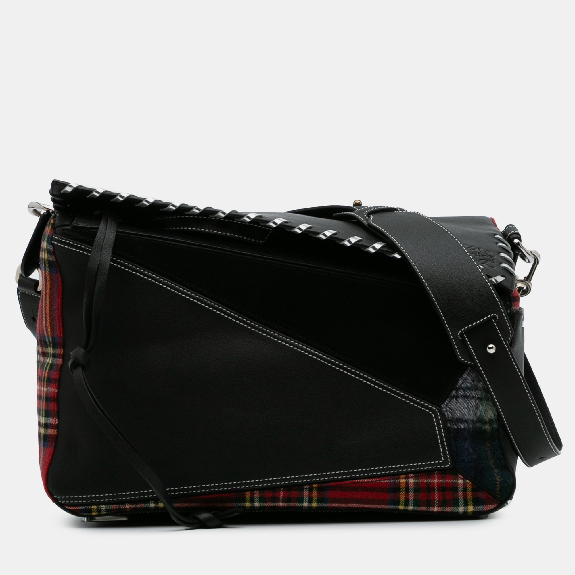 

Loewe Black/Red  Leather and Wool Tartan Puzzle Crossbody