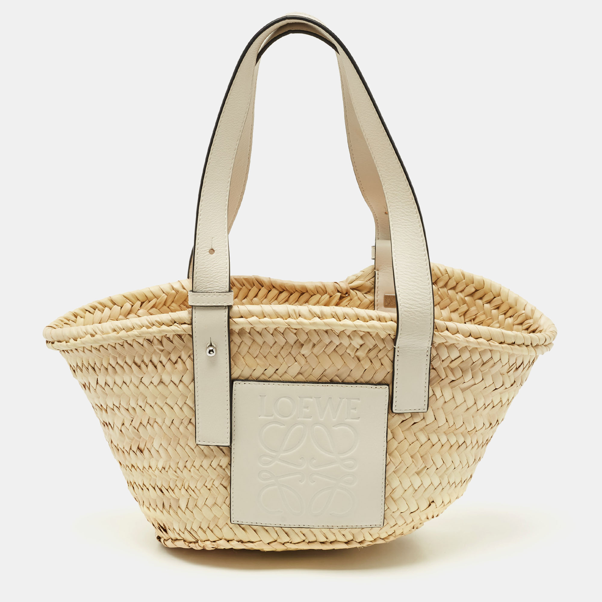 

Loewe White/Cream Raffia and Leather Small Basket Tote