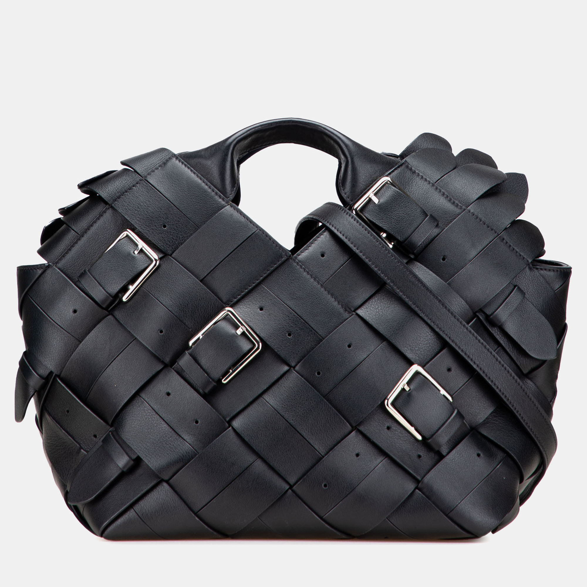 

Loewe Black Small Woven Calfskin Buckle Surplus Basket Bag