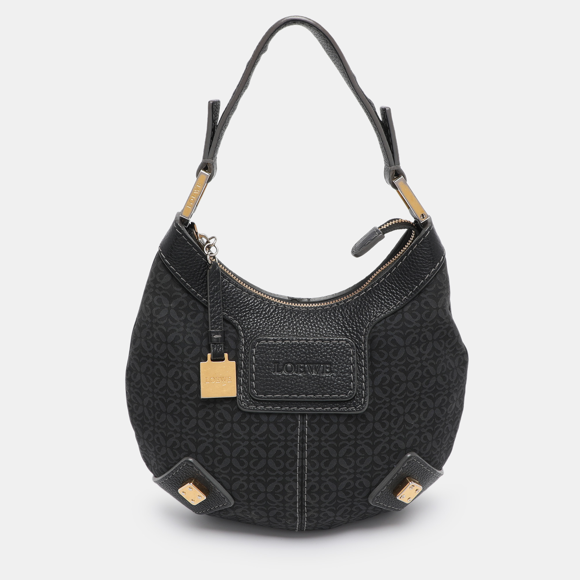 Pre-owned Loewe Black Monogram Fabric And Leather Hobo