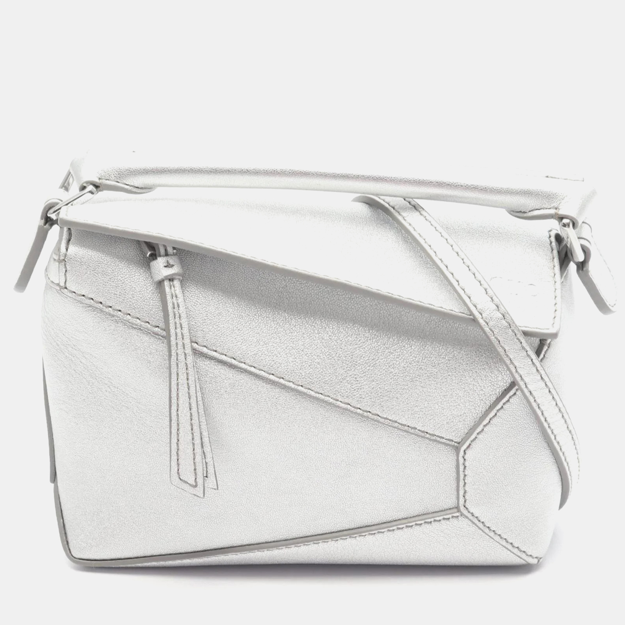 Loewe Puzzle Mini Silver Leather Shoulder Bag