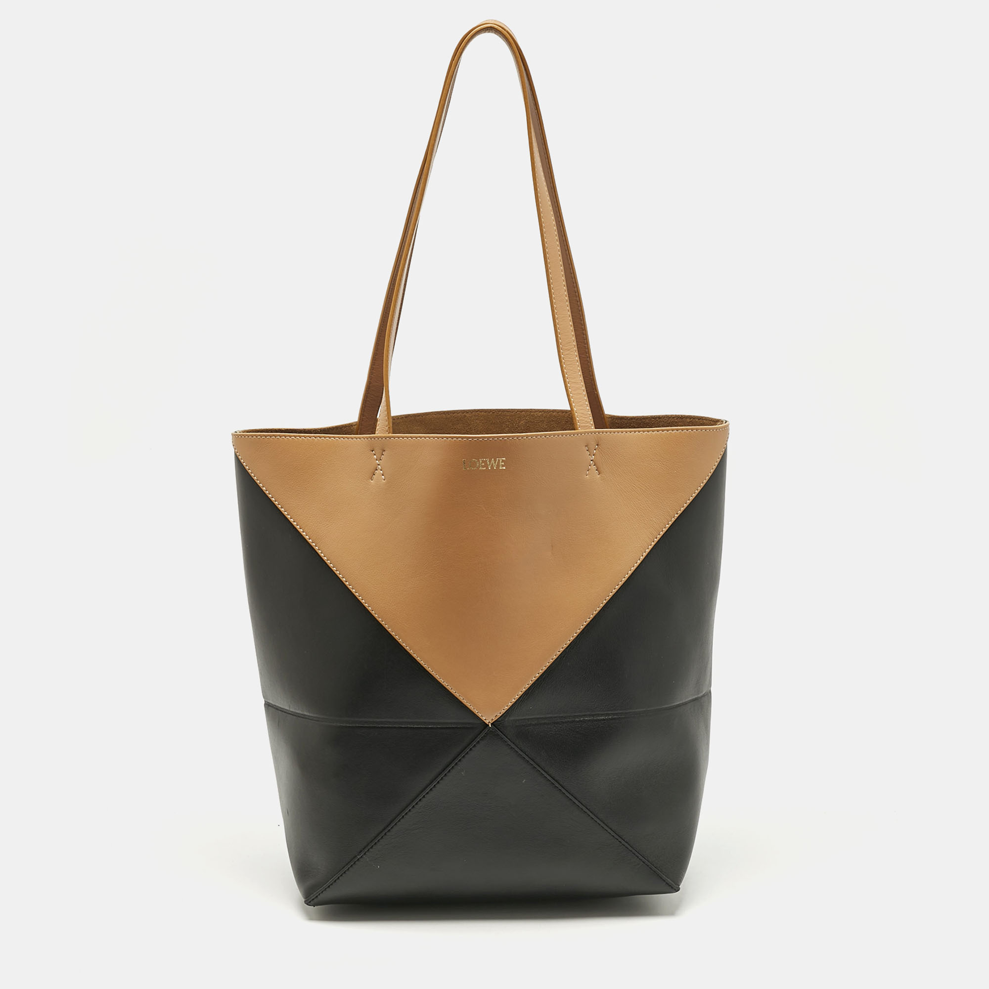 Pre-owned Loewe Black/brown Leather Medium Puzzle Fold Tote