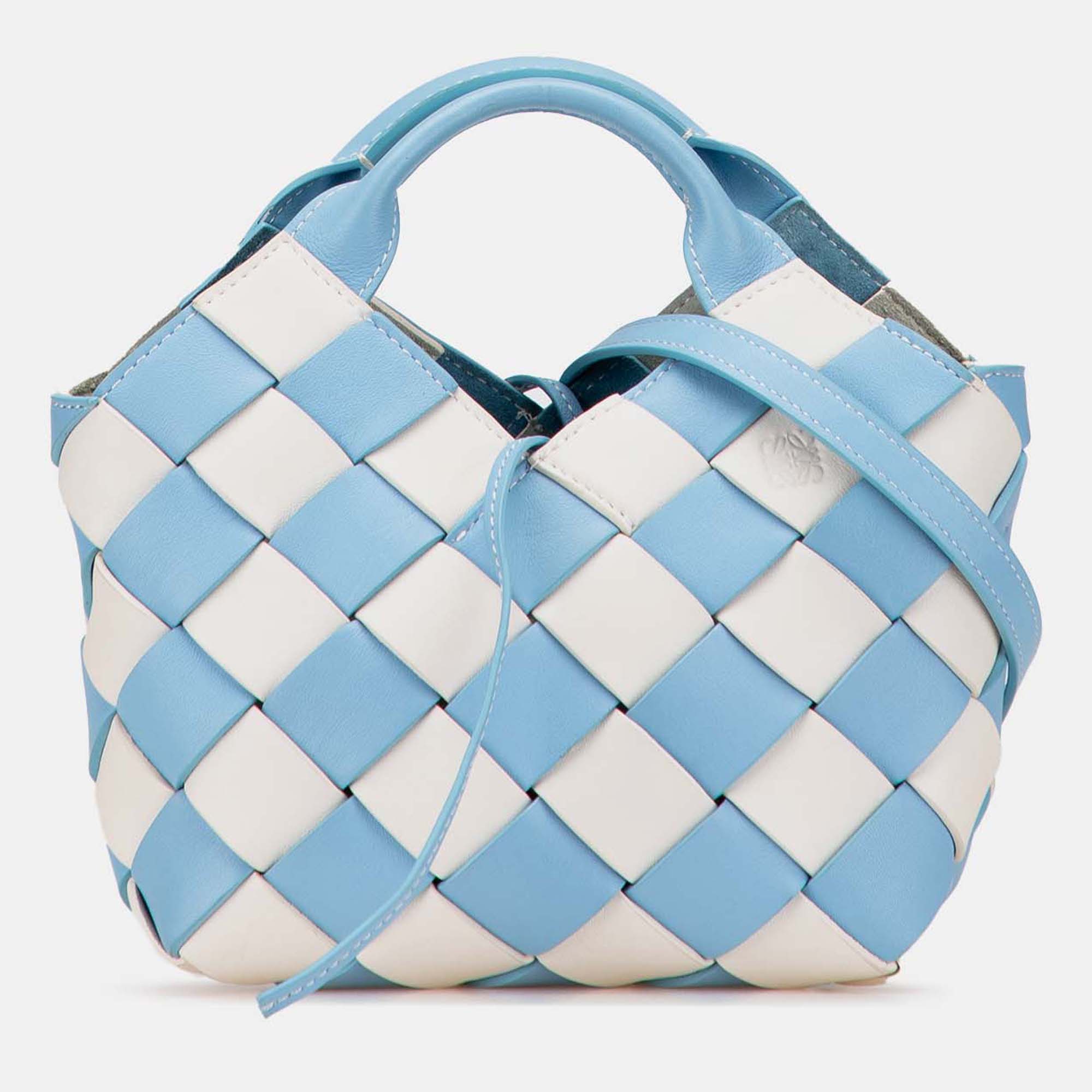 

Loewe Blue White Mini Woven Calfskin Gingham Surplus Basket Bag