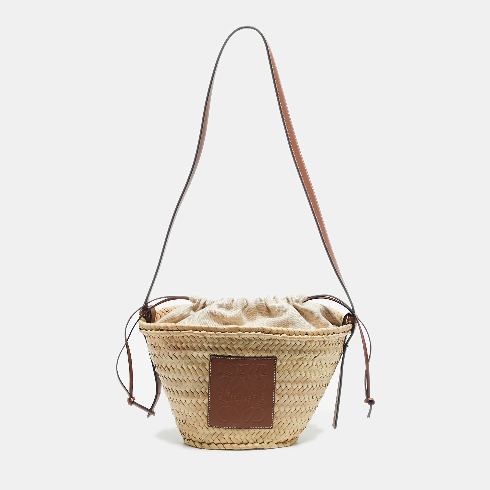 

Loewe Brown/Cream Woven Raffia and Leather Drawstring Basket Bag