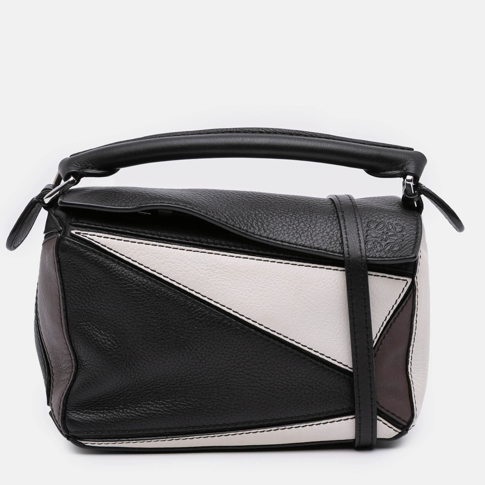 Loewe Black White Mini Tricolor Calfskin Puzzle Satchel