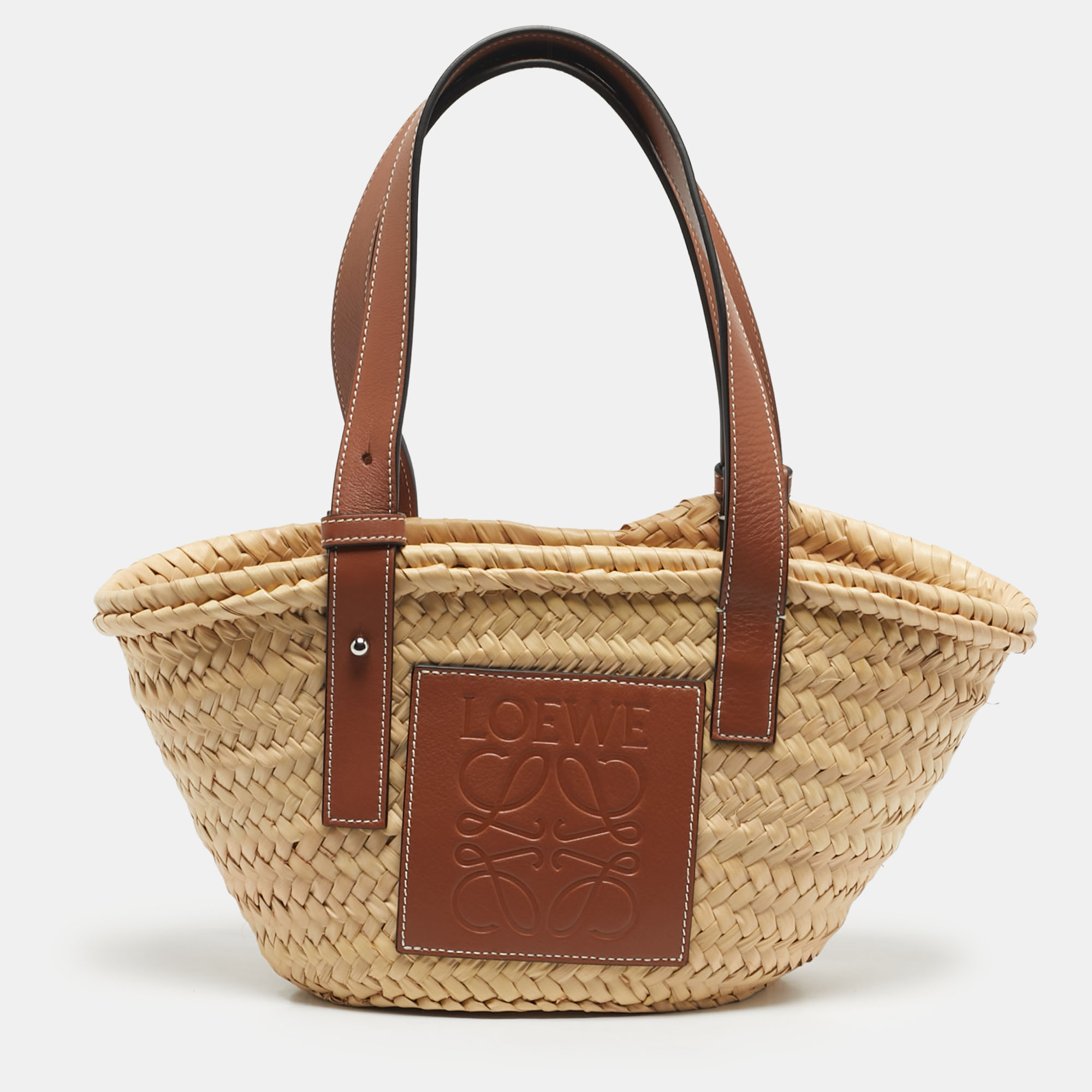 

Loewe Beige/Brown Raffia and Leather Small Basket Tote