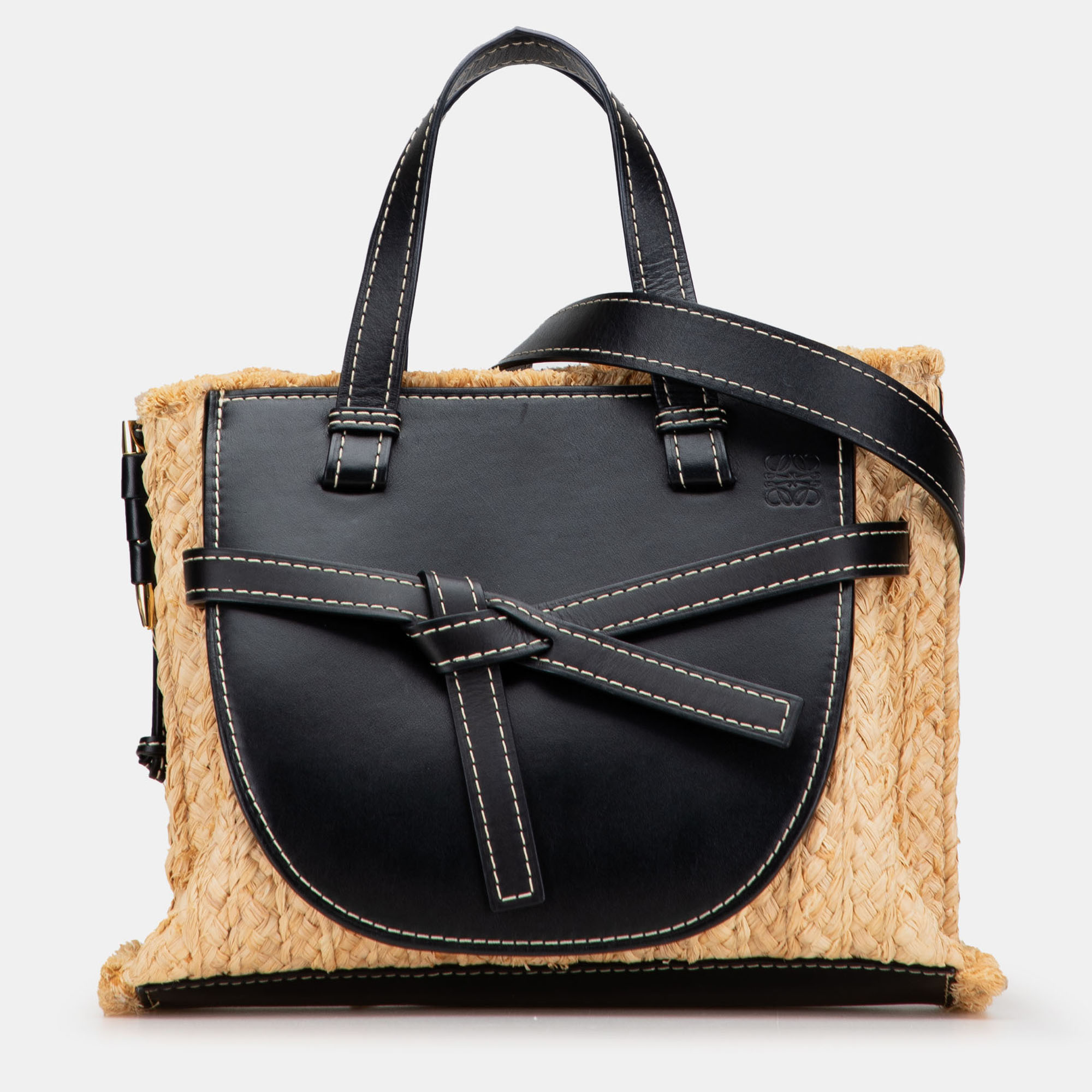 

Loewe Beige/Black Small Raffia and Leather Gate Top Handle Bag