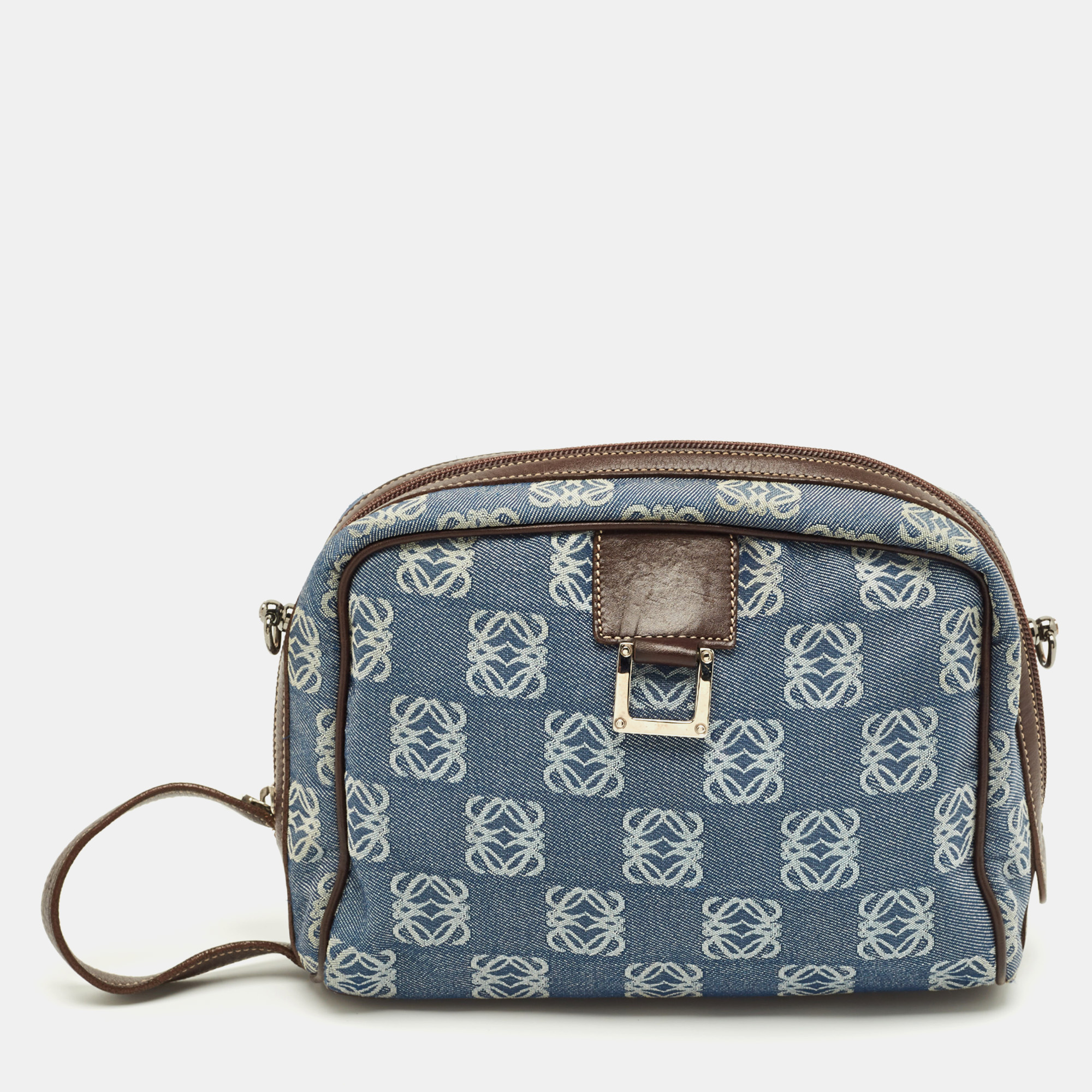 Pre-owned Loewe Blue/brown Denim And Leather Anagram Wristlet Pouch