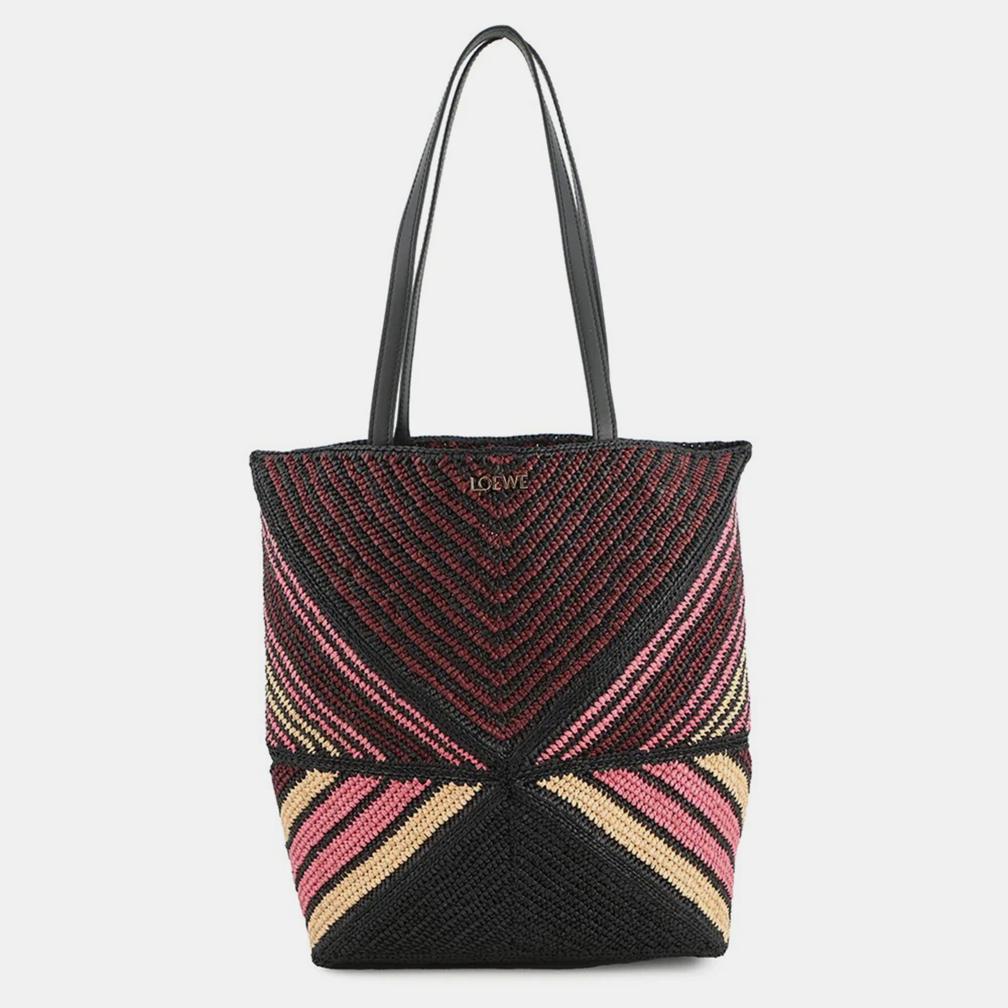 

Loewe Paula Ibiza Puzzle Fold Tote Burgundy/Pink/Beige/Black Raffia Leather Size Medium, Multicolor