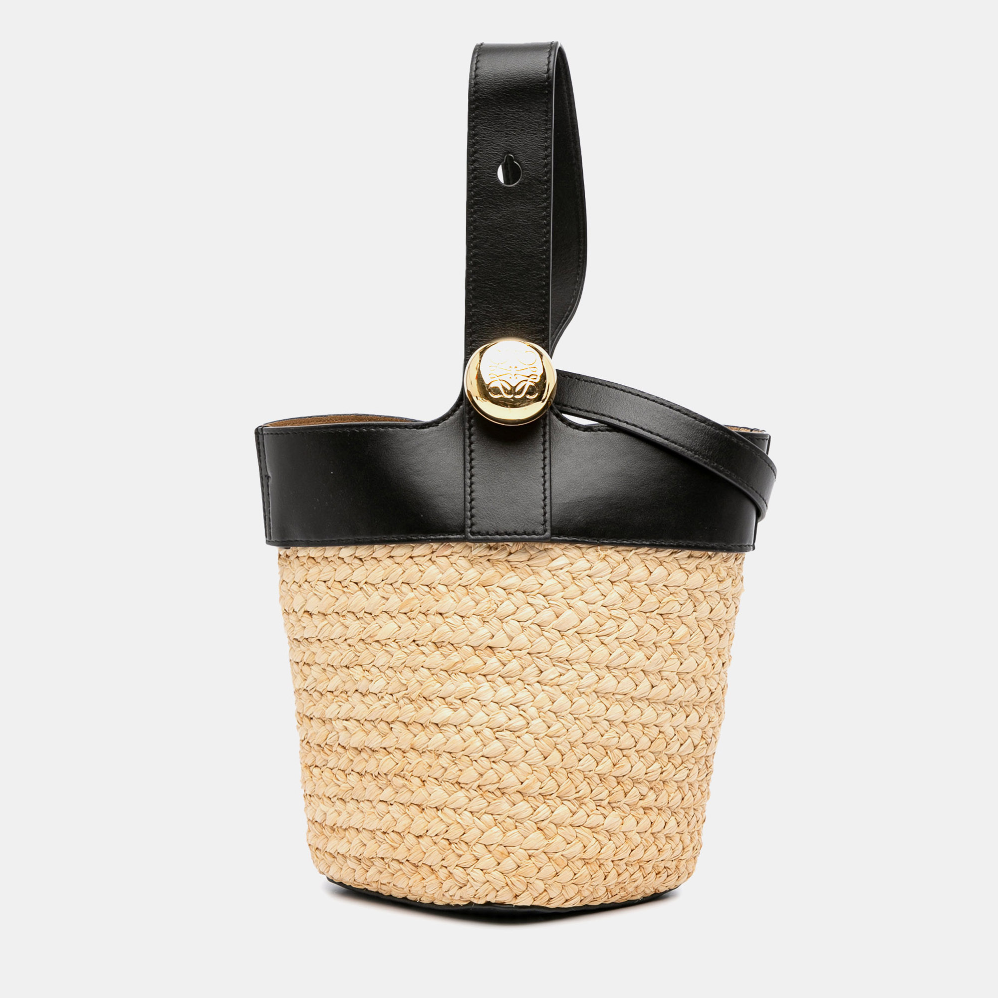 

Loewe Black Brown Mini Raffia Pebble Bucket Bag