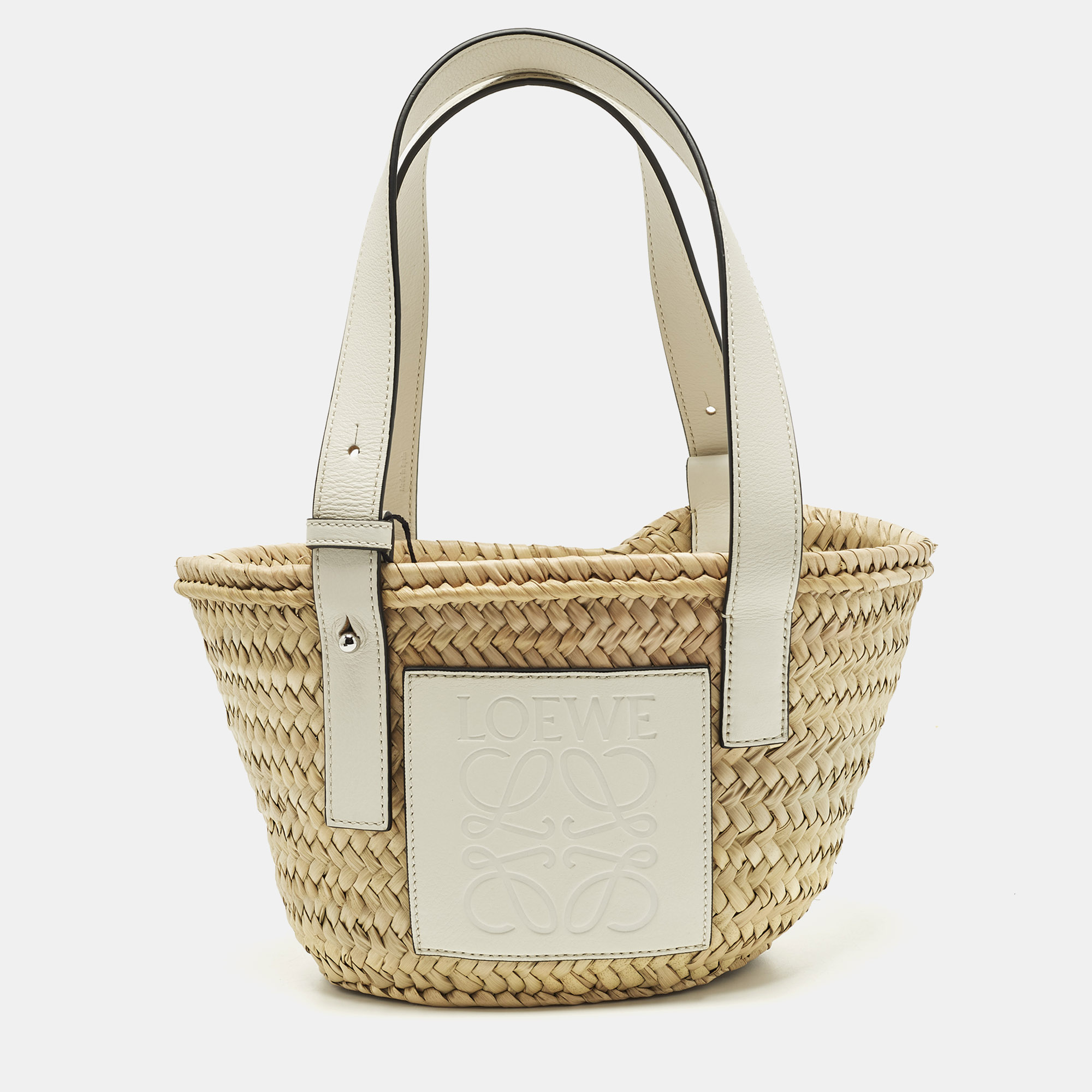

Loewe Anagram Embossed White/Cream Raffia and Leather Basket Tote