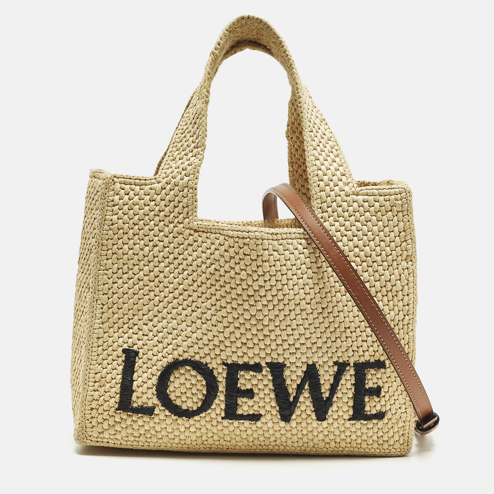 

Loewe Logo Beige/Brown Leather and Raffia Tote