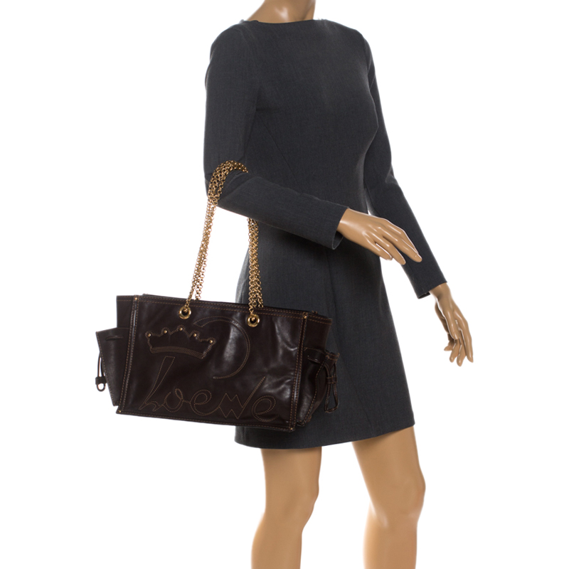 

Loewe Dark Brown Leather Crown Embroidered Multi Chain Shoulder Bag