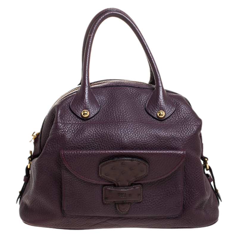 Pre-owned Loewe Purple Leather And Ostrich Front Pocket Satchel