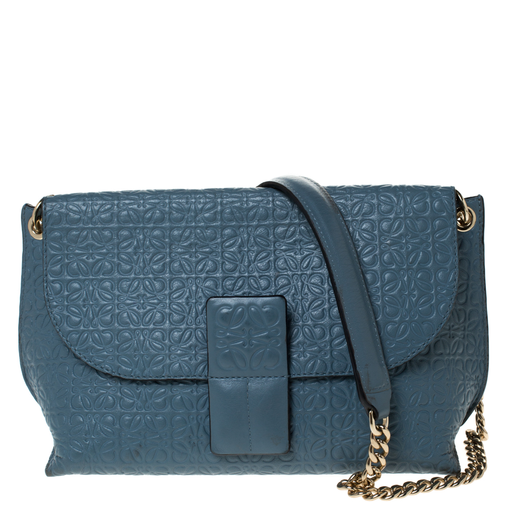 Loewe Blue Signature Embossed Leather Flap Shoulder Bag