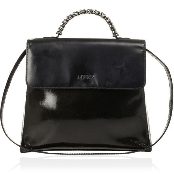 Pre Owned Loewe Satinless Steel Black Leather Top Handle Briefcase